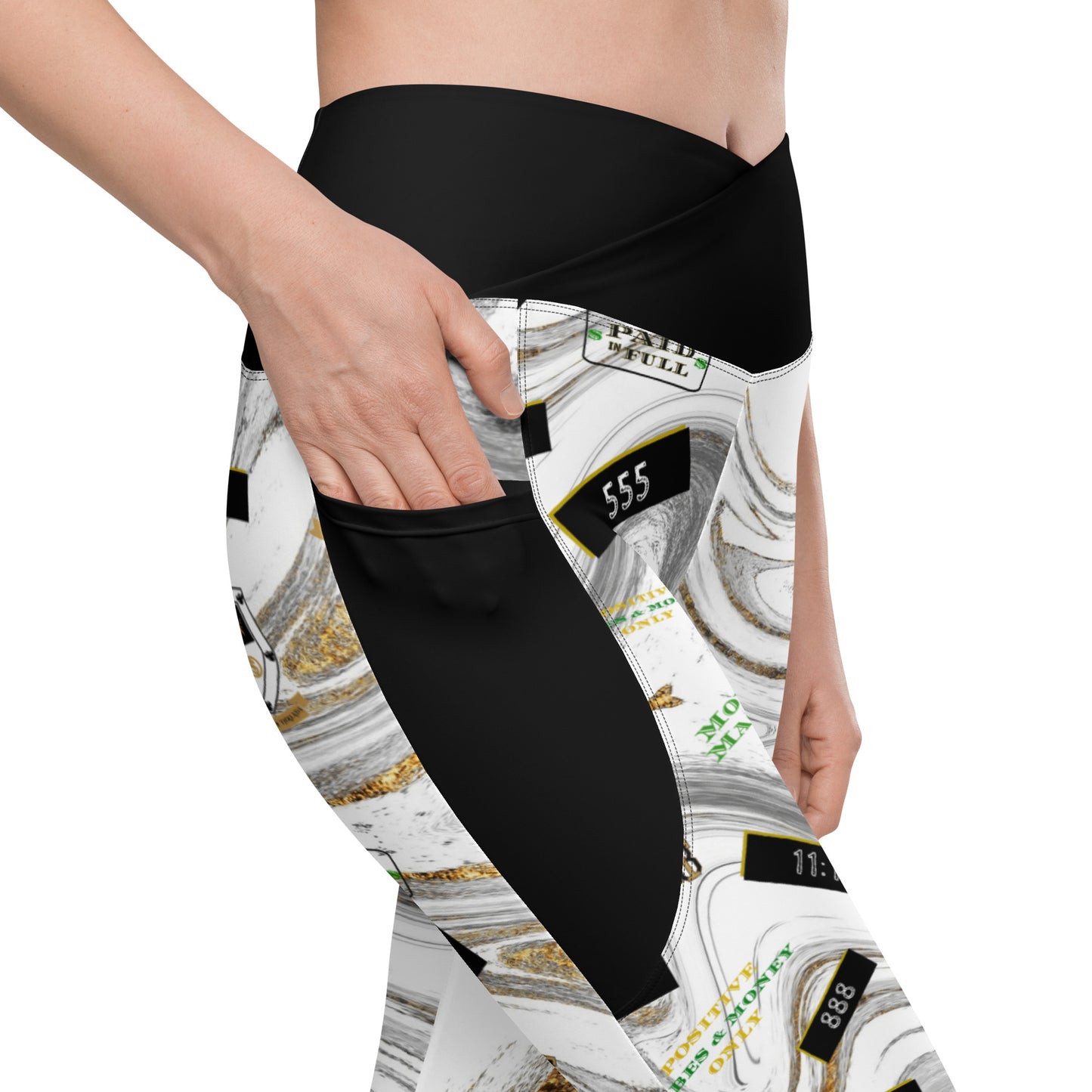 8xquiZit Collection - Women's White N Gold Marble Manifestation Crossover leggings with pockets