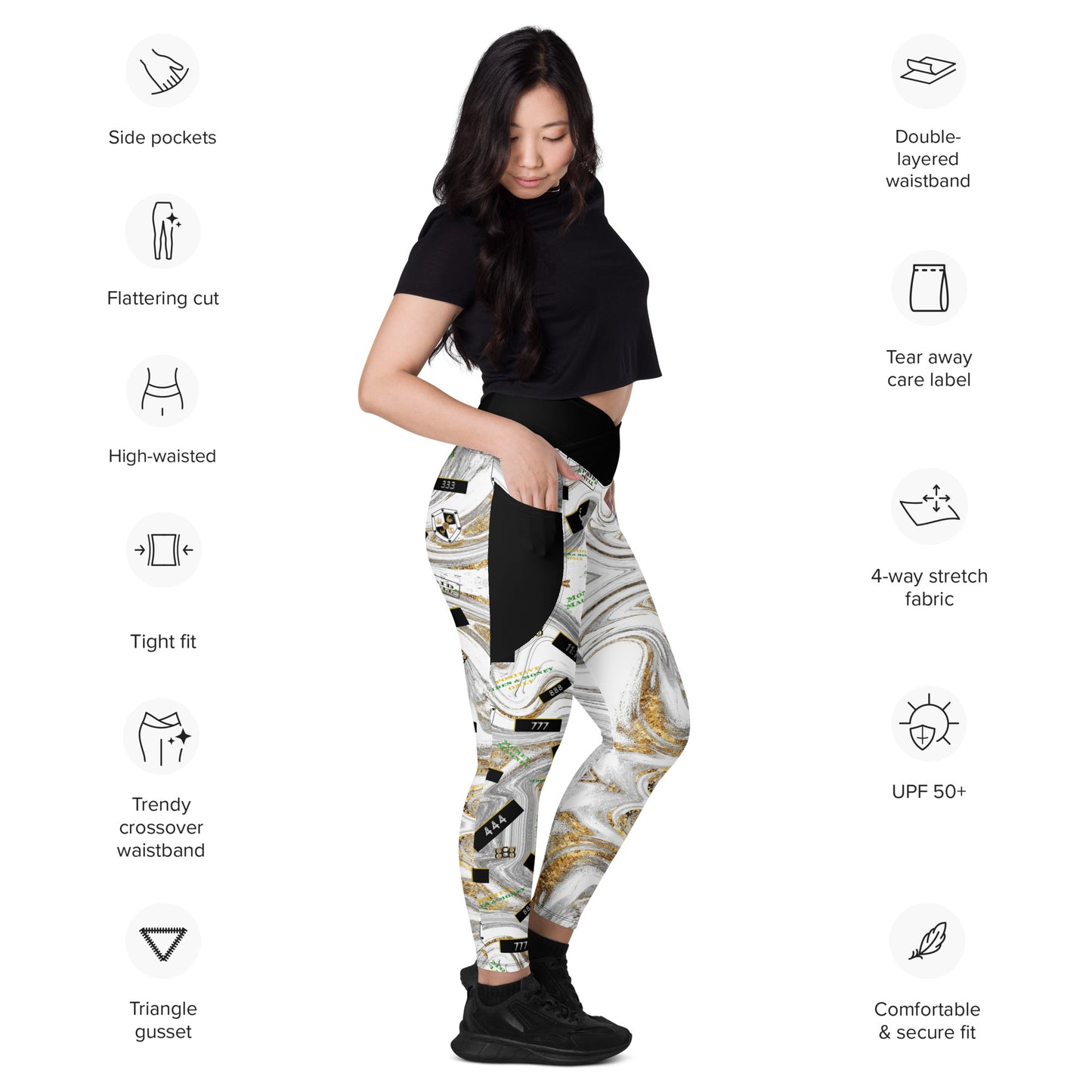 8xquiZit Collection - Women's White N Gold Marble Manifestation Crossover leggings with pockets