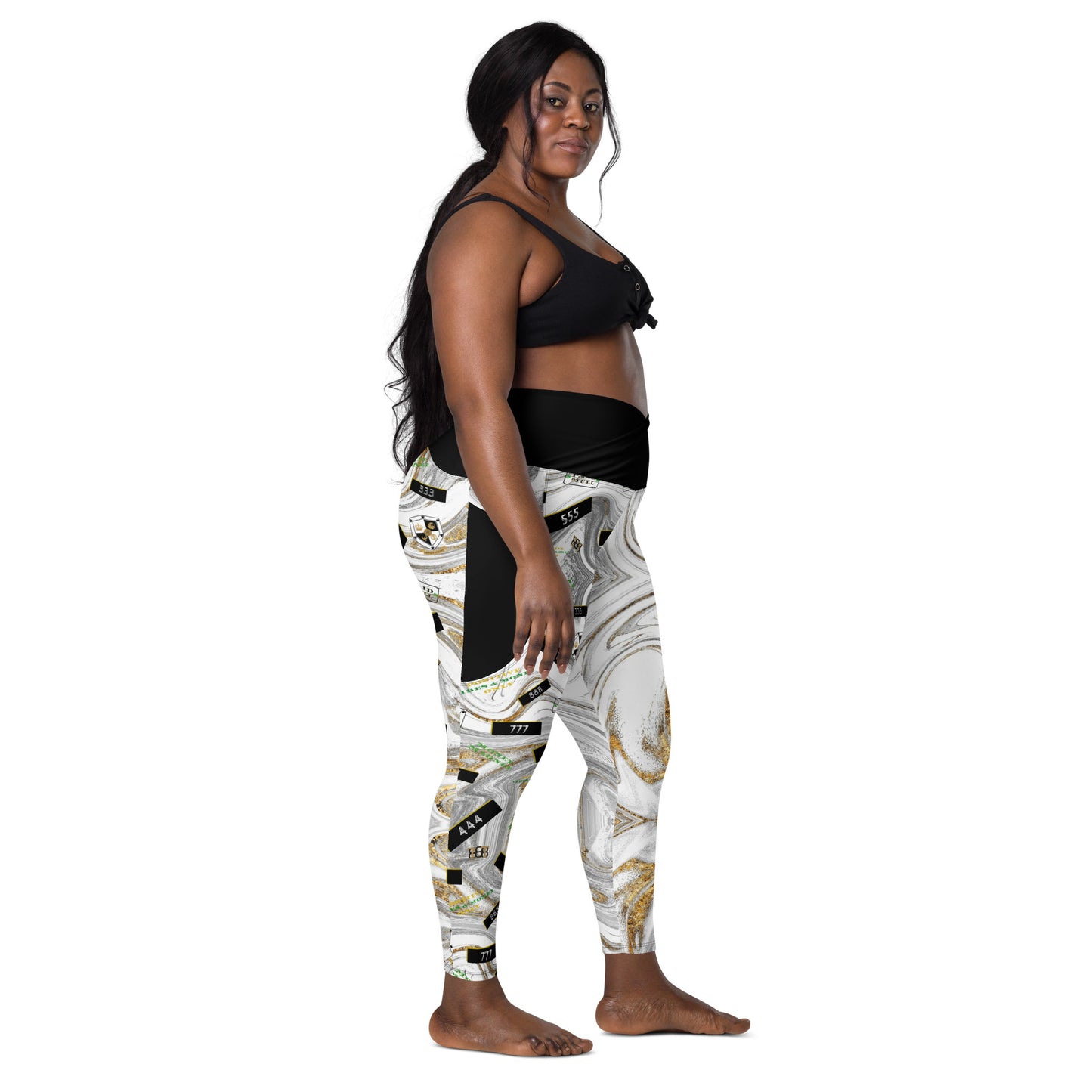 8xquiZit Collection - Women's White N Gold Marble Manifestation Crossover leggings with pockets