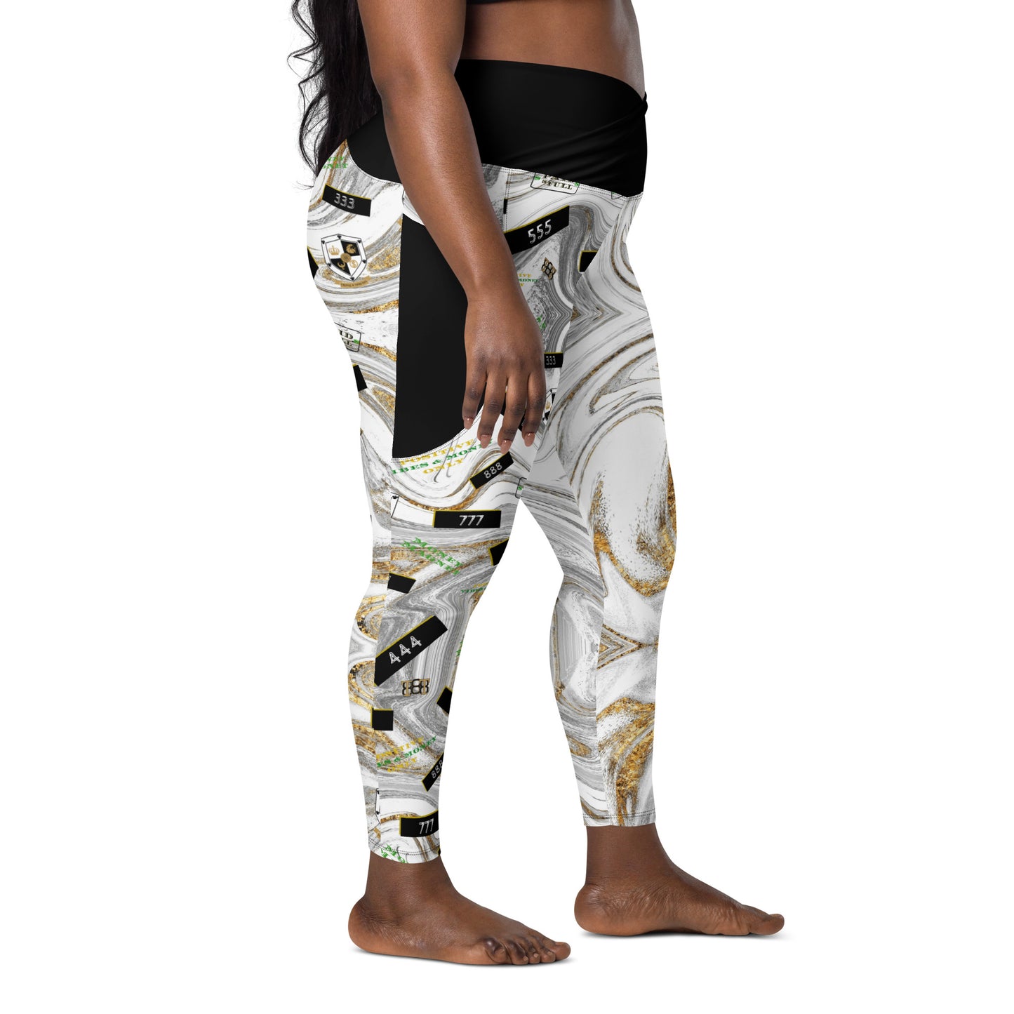 8xquiZit Collection - Women's White N Gold Marble Manifestation Crossover leggings with pockets