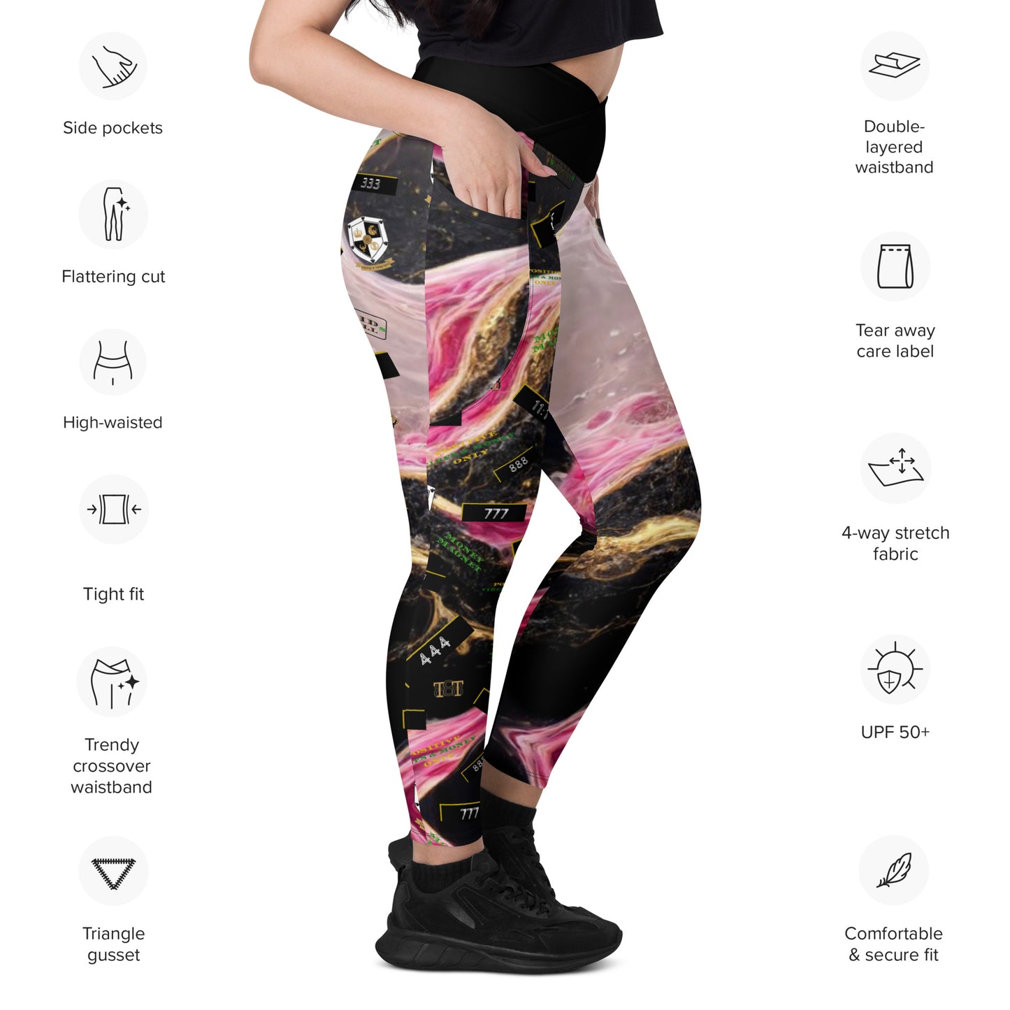 8xquiZit Collection - Women's Manifestation Pynk, Black, N Gold Marble Crossover leggings with pockets