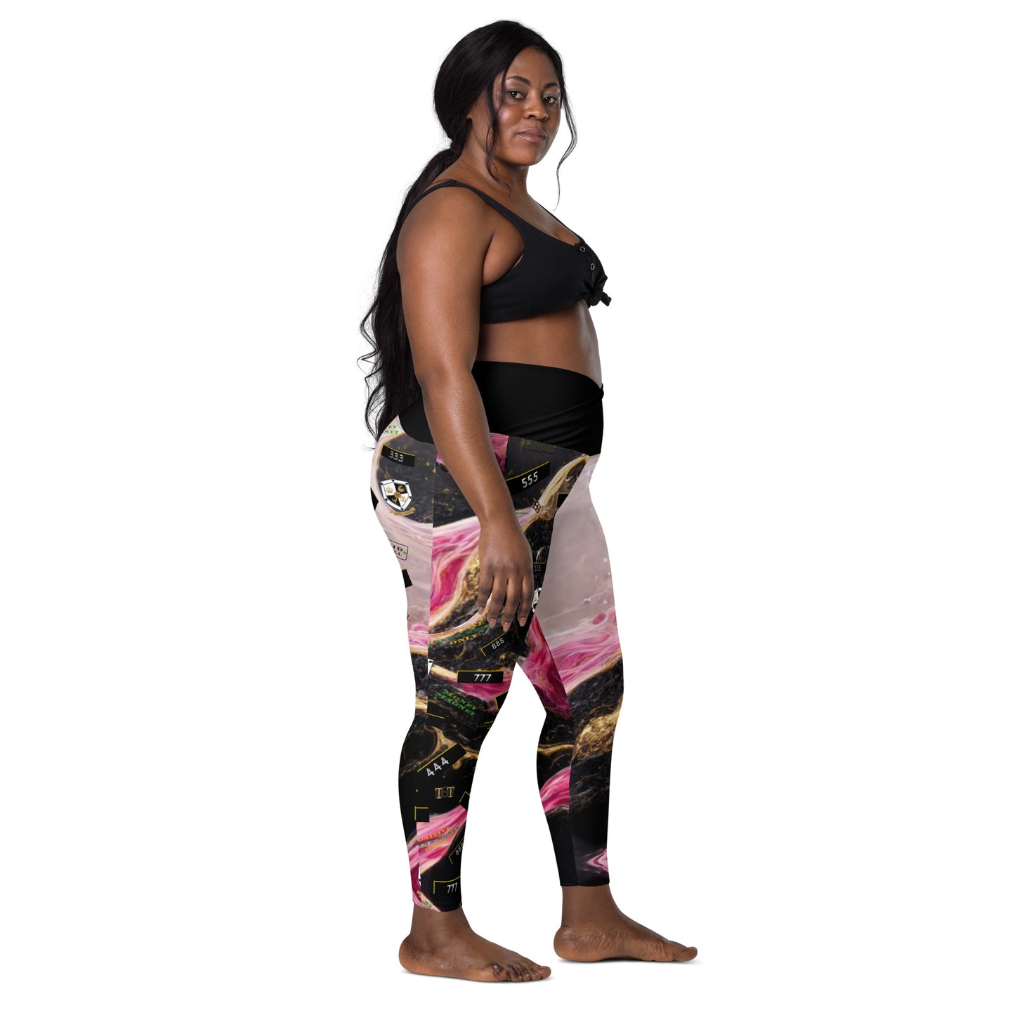 8xquiZit Collection - Women's Manifestation Pynk, Black, N Gold Marble Crossover leggings with pockets