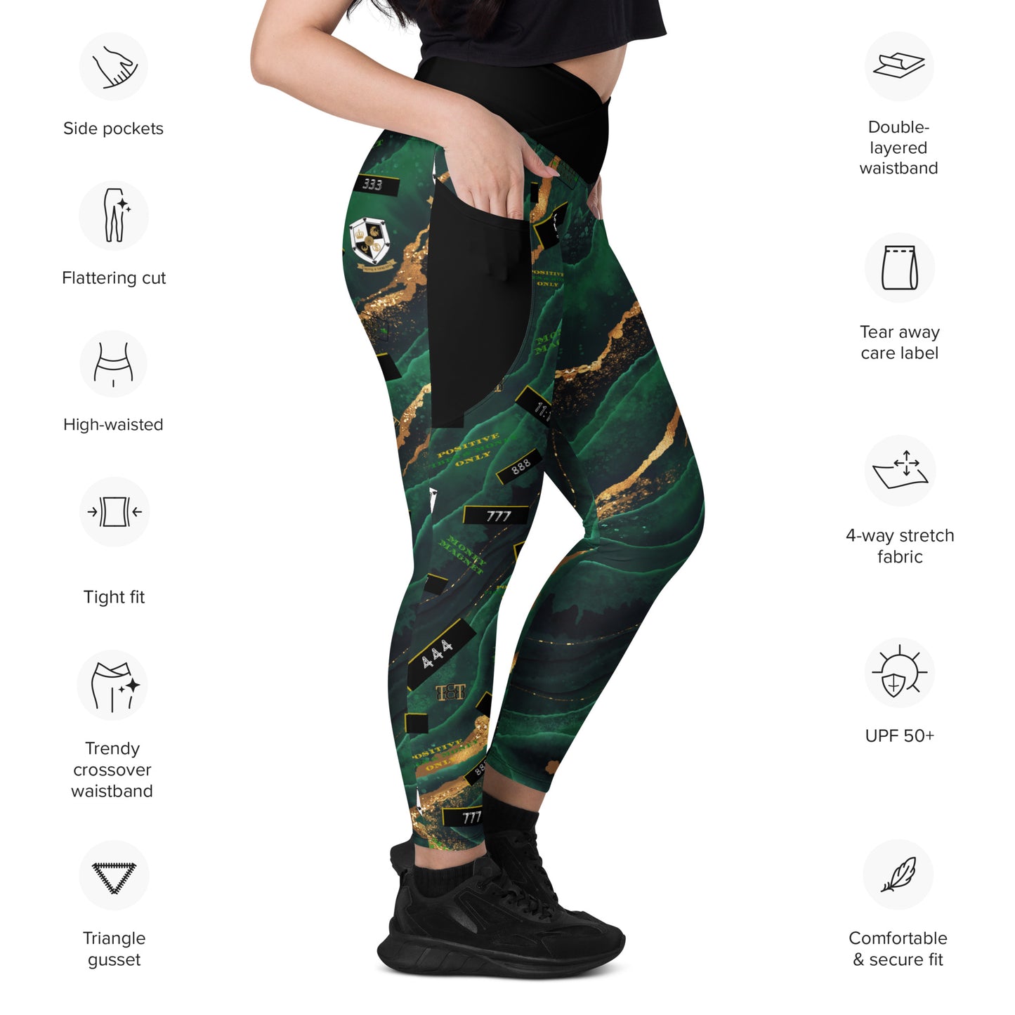 8xquiZit Collection - Women's Manifestation Emerald Green N Gold Marble Crossover Leggings with Pockets