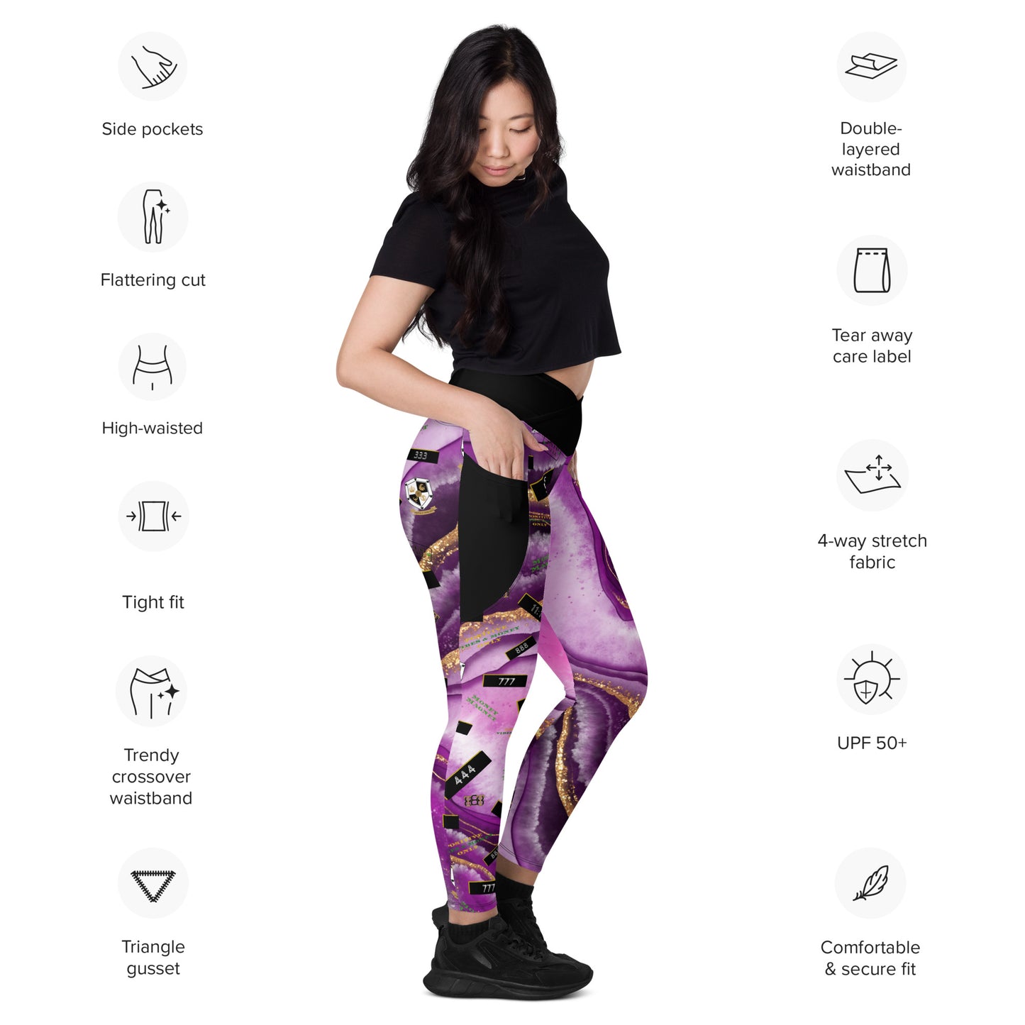 8xquiZit Collection - Women's Manifestation Royal Purple N Gold Marble Crossover Leggings with Pockets