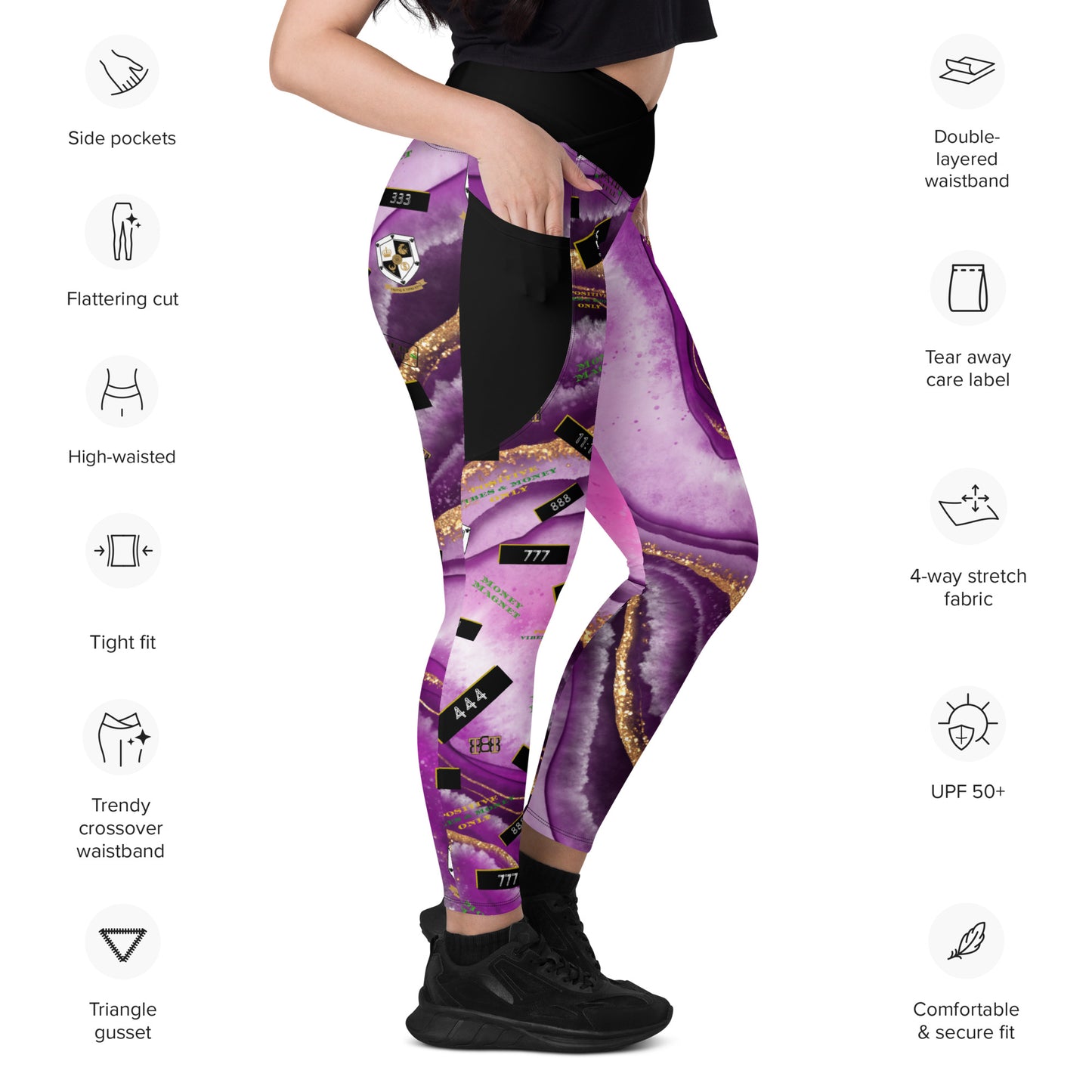 8xquiZit Collection - Women's Manifestation Royal Purple N Gold Marble Crossover Leggings with Pockets