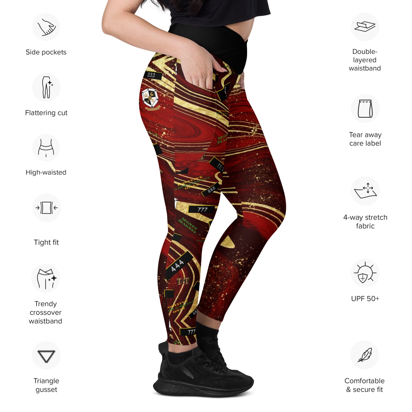 8xquiZit Collection - Women's Manifestation Ruby Red N Gold Marble Crossover Leggings with Pockets