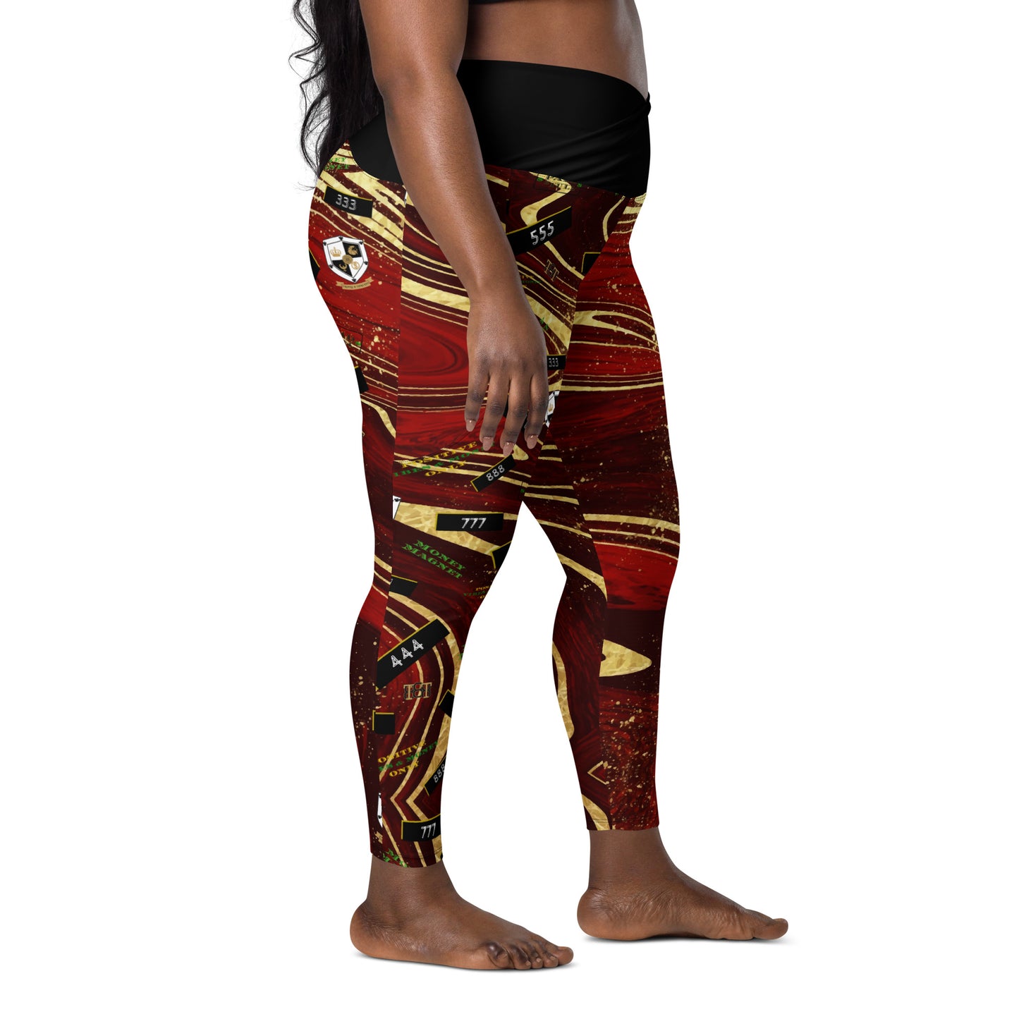 8xquiZit Collection - Women's Manifestation Ruby Red N Gold Marble Crossover Leggings with Pockets