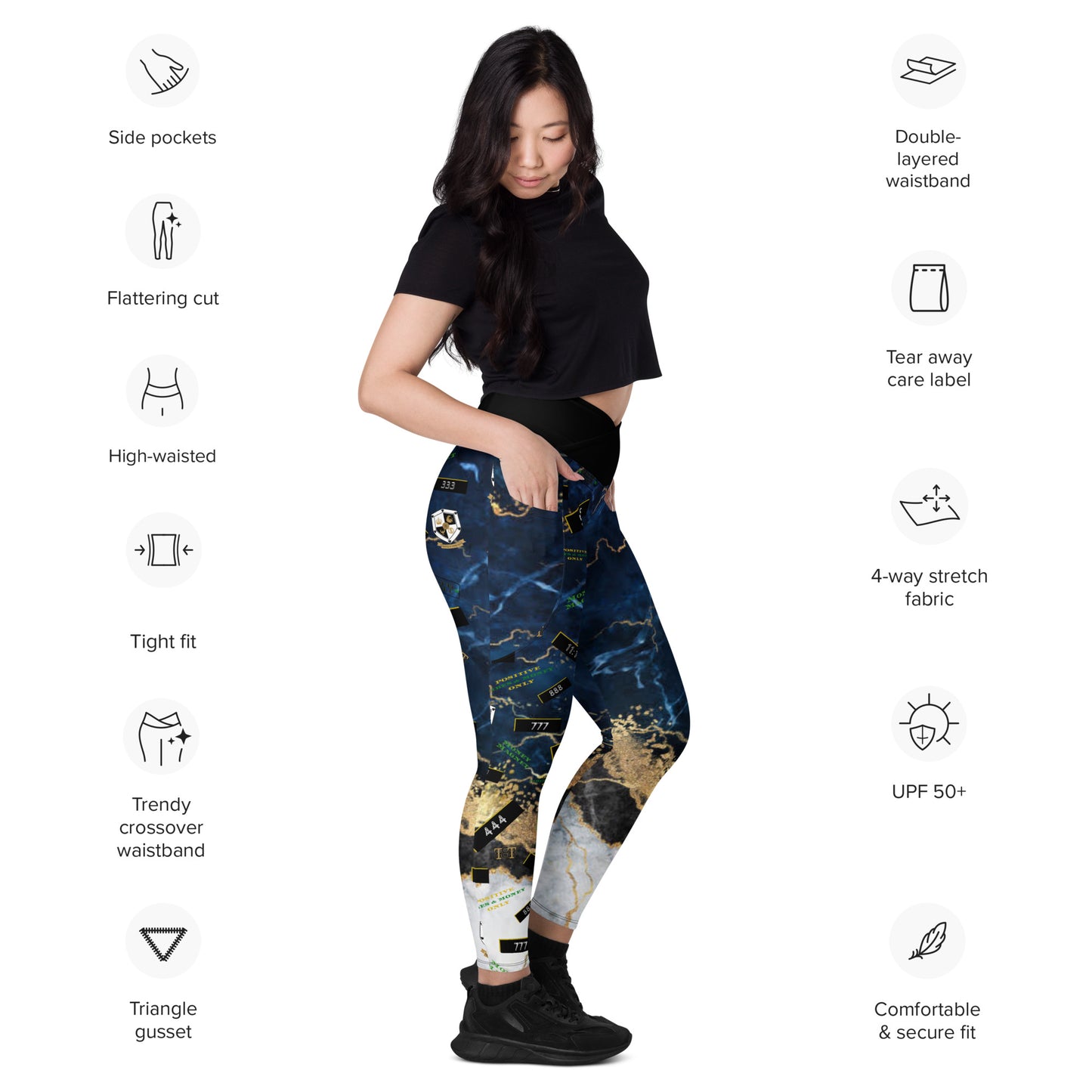 8xquiZit Collection - Women's Manifestation Tri-color Blue, Gold, & White Marble Crossover Leggings with Pockets