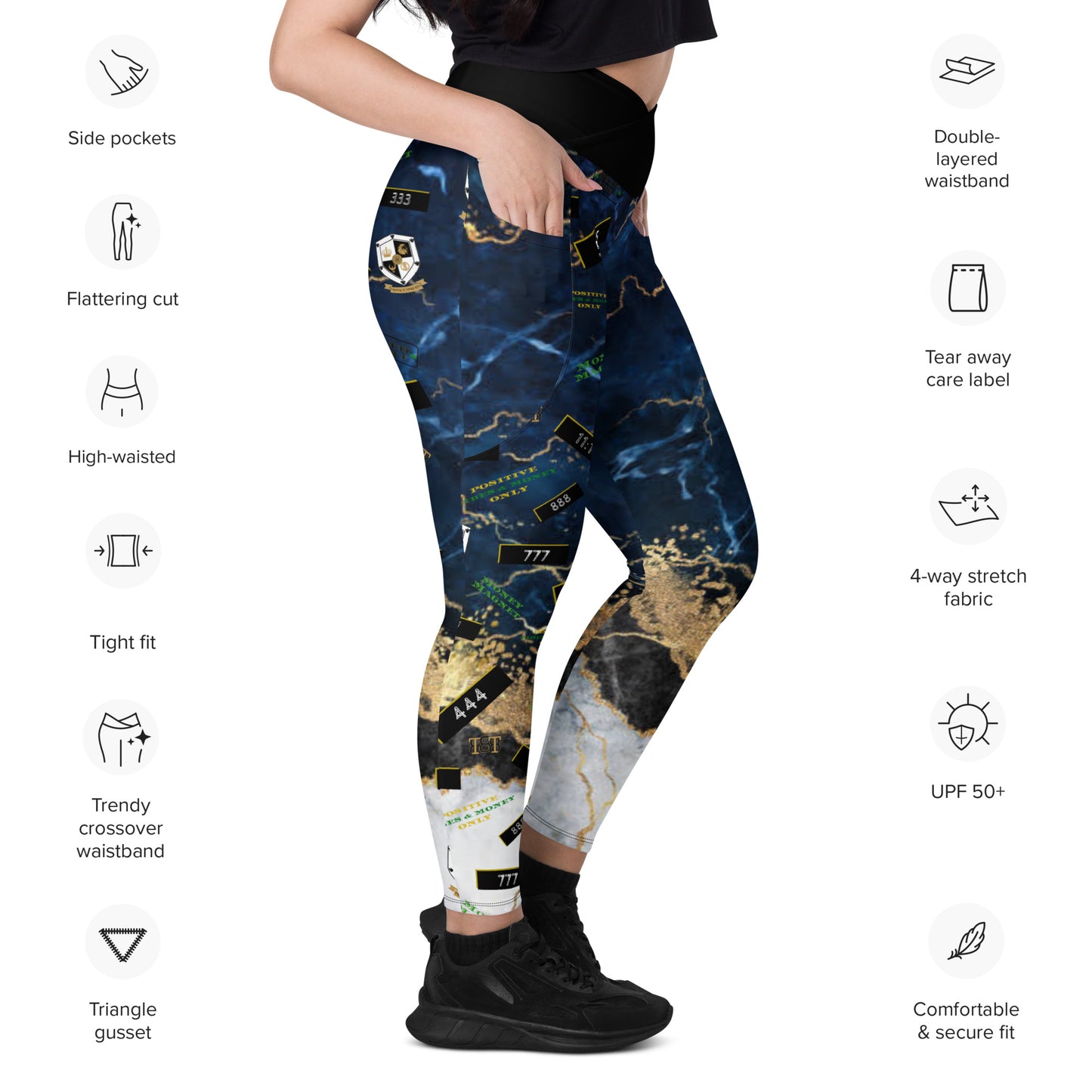8xquiZit Collection - Women's Manifestation Tri-color Blue, Gold, & White Marble Crossover Leggings with Pockets