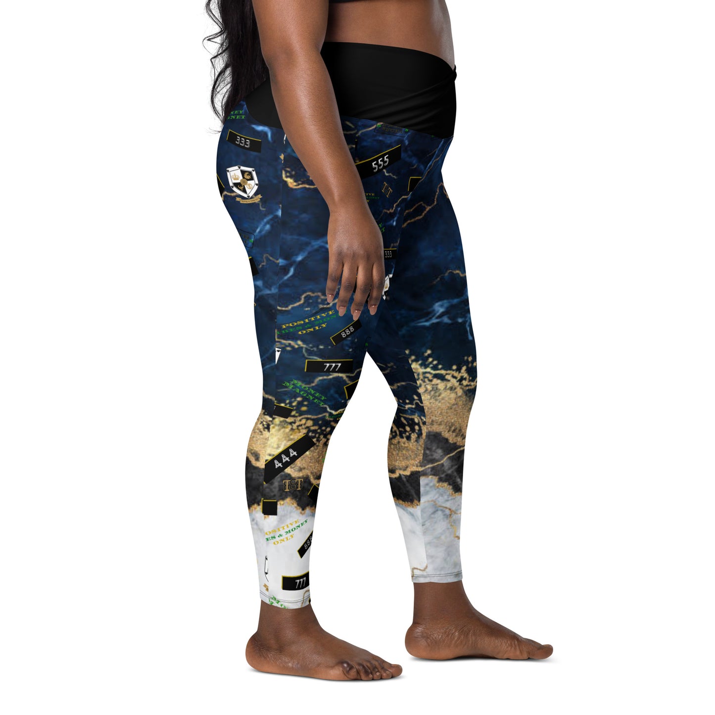 8xquiZit Collection - Women's Manifestation Tri-color Blue, Gold, & White Marble Crossover Leggings with Pockets