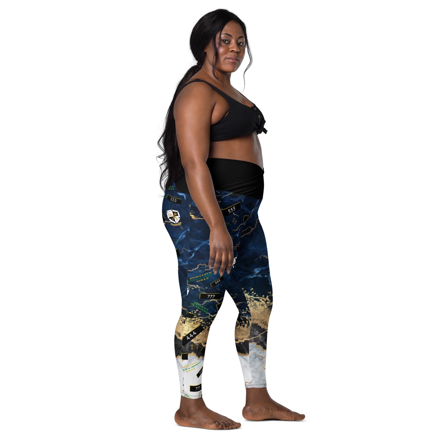 8xquiZit Collection - Women's Manifestation Tri-color Blue, Gold, & White Marble Crossover Leggings with Pockets