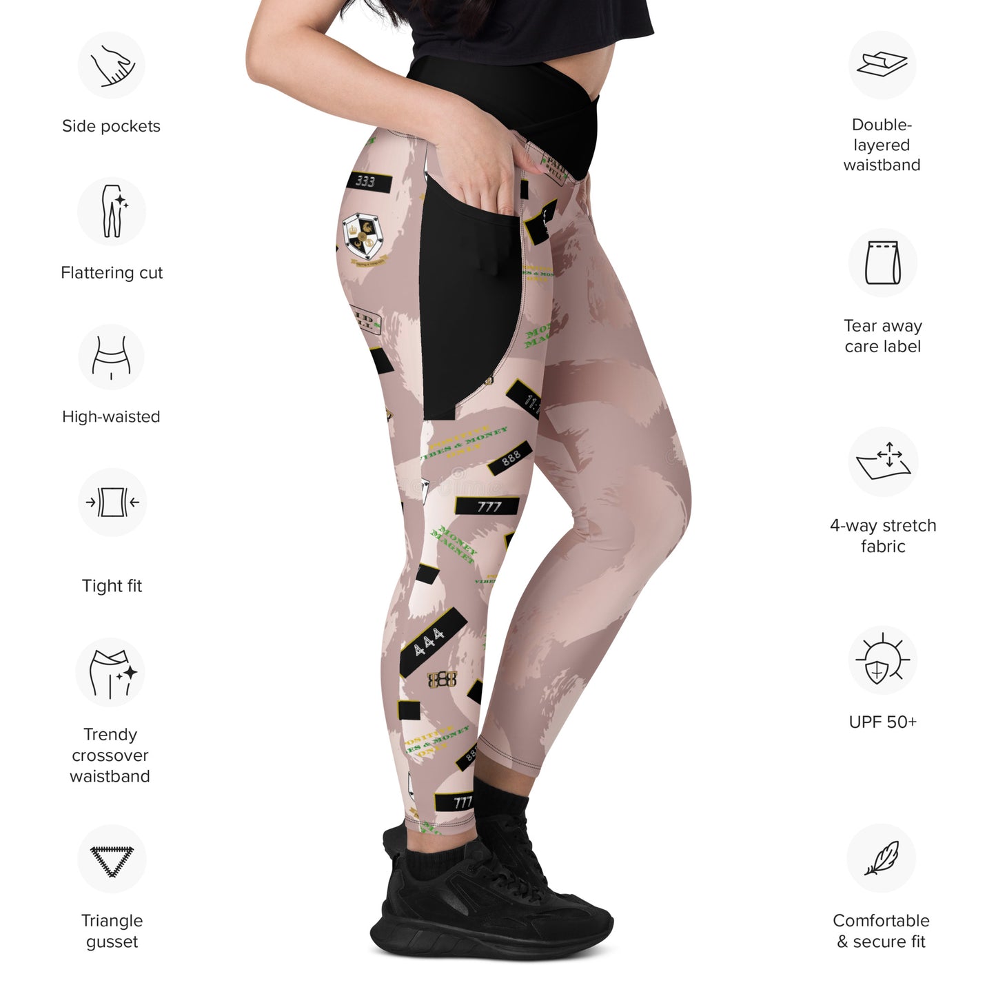 8xquiZit Collection - Women's Manifestation Pynk Slaymingo Marble Crossover Leggings with Pockets
