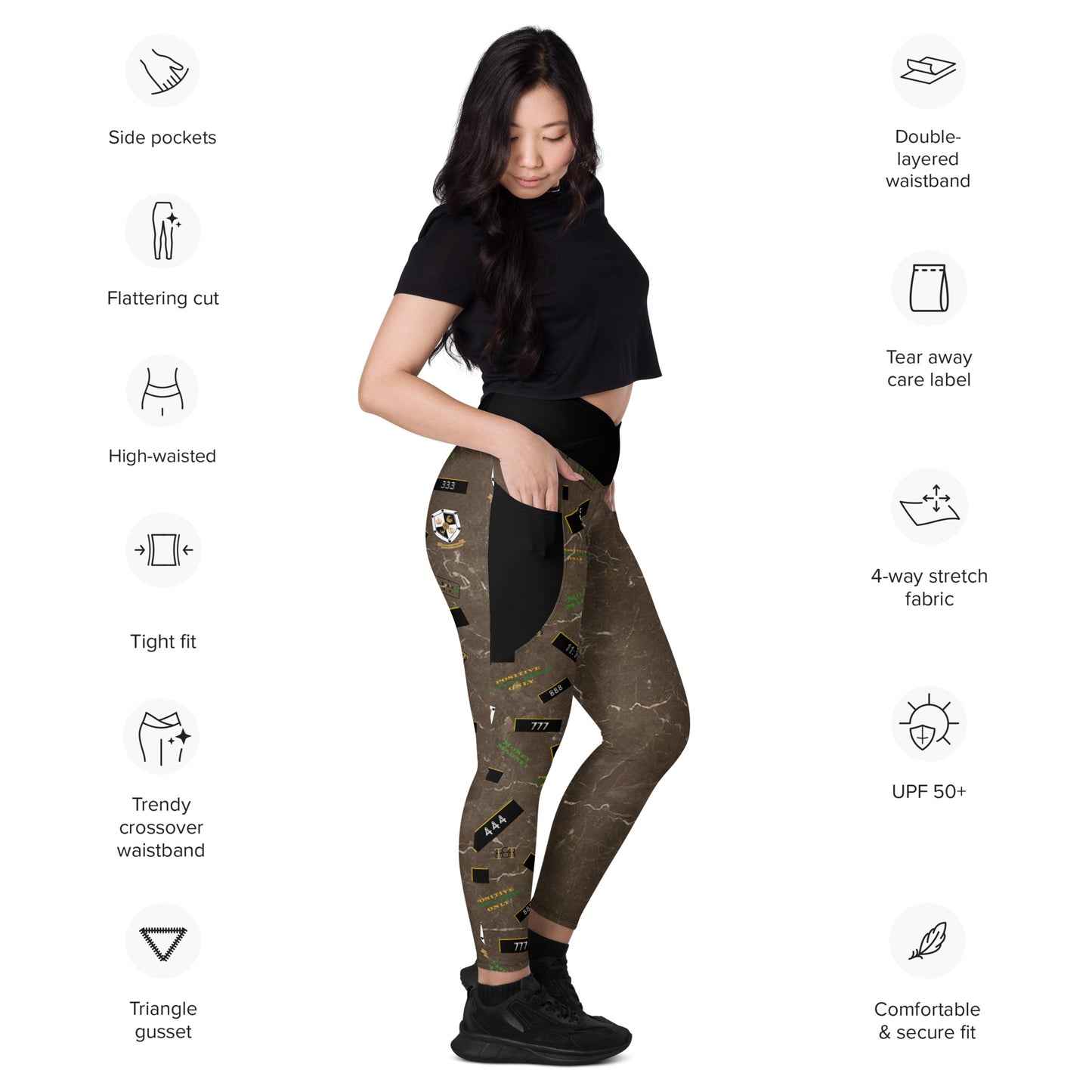 8xquiZit Collection - Women's Manifestation Coco-cured Marble Crossover Leggings with Pockets