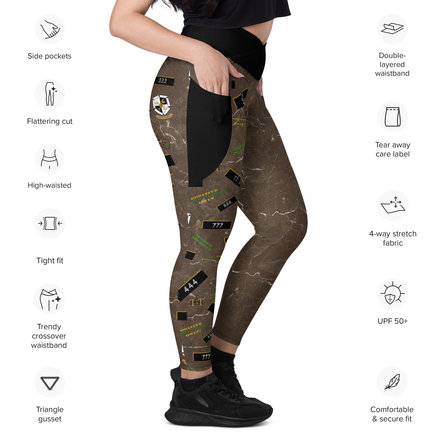 8xquiZit Collection - Women's Manifestation Coco-cured Marble Crossover Leggings with Pockets
