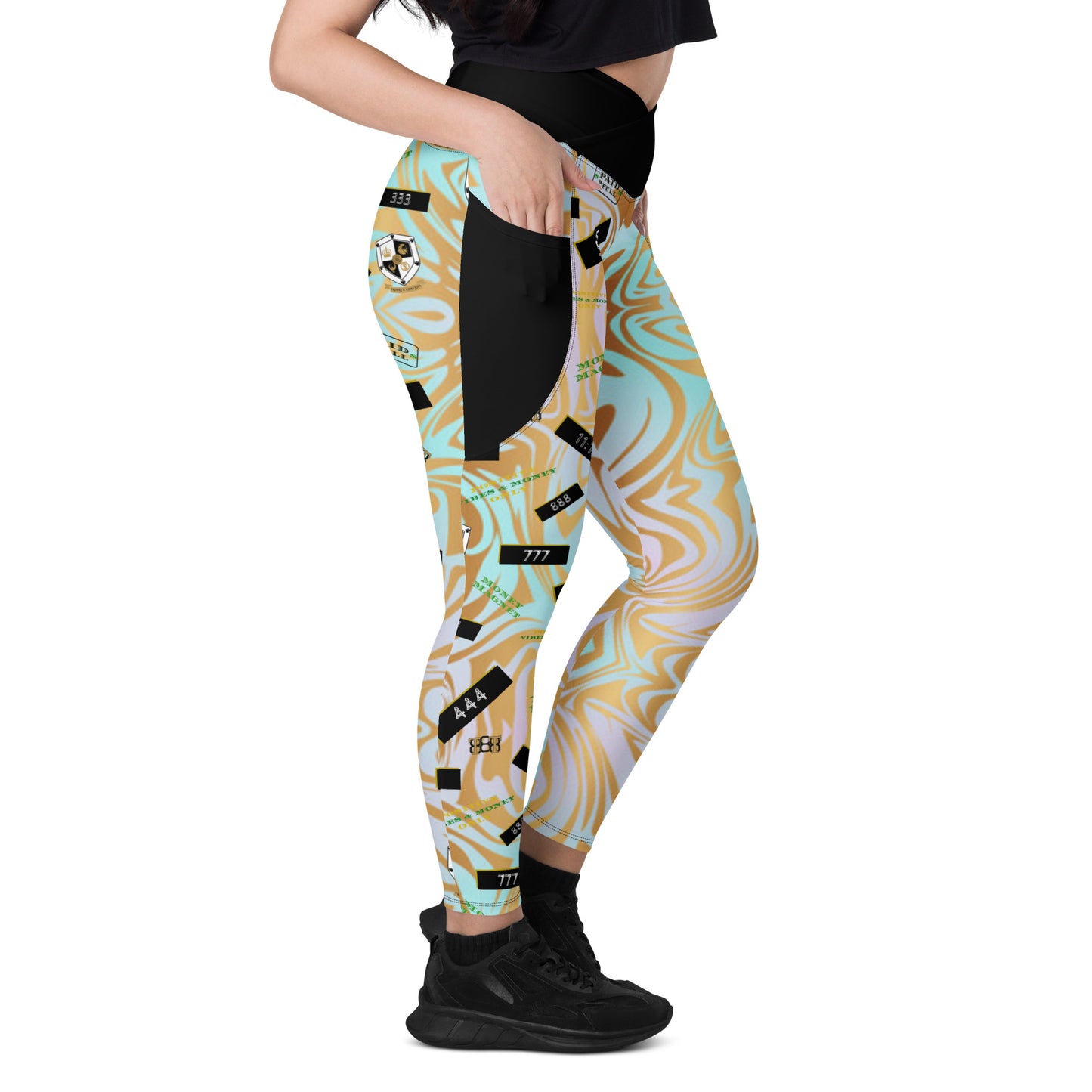 8xquiZit Collection - Women's Manifestation Pynk N Turq Jungle Luv Crossover Leggings with Pockets
