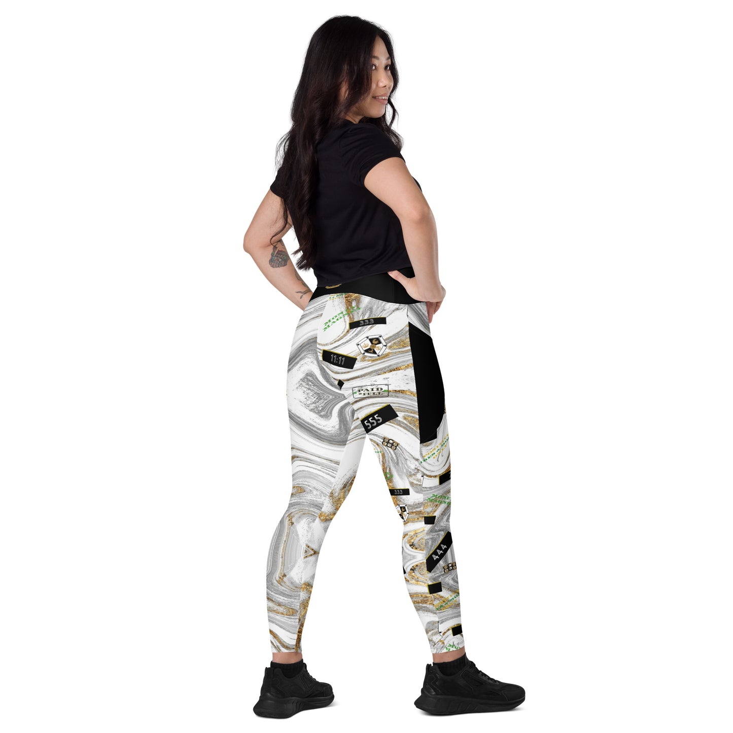 8xquiZit Collection - Women's White N Gold Marble Manifestation Crossover leggings with pockets