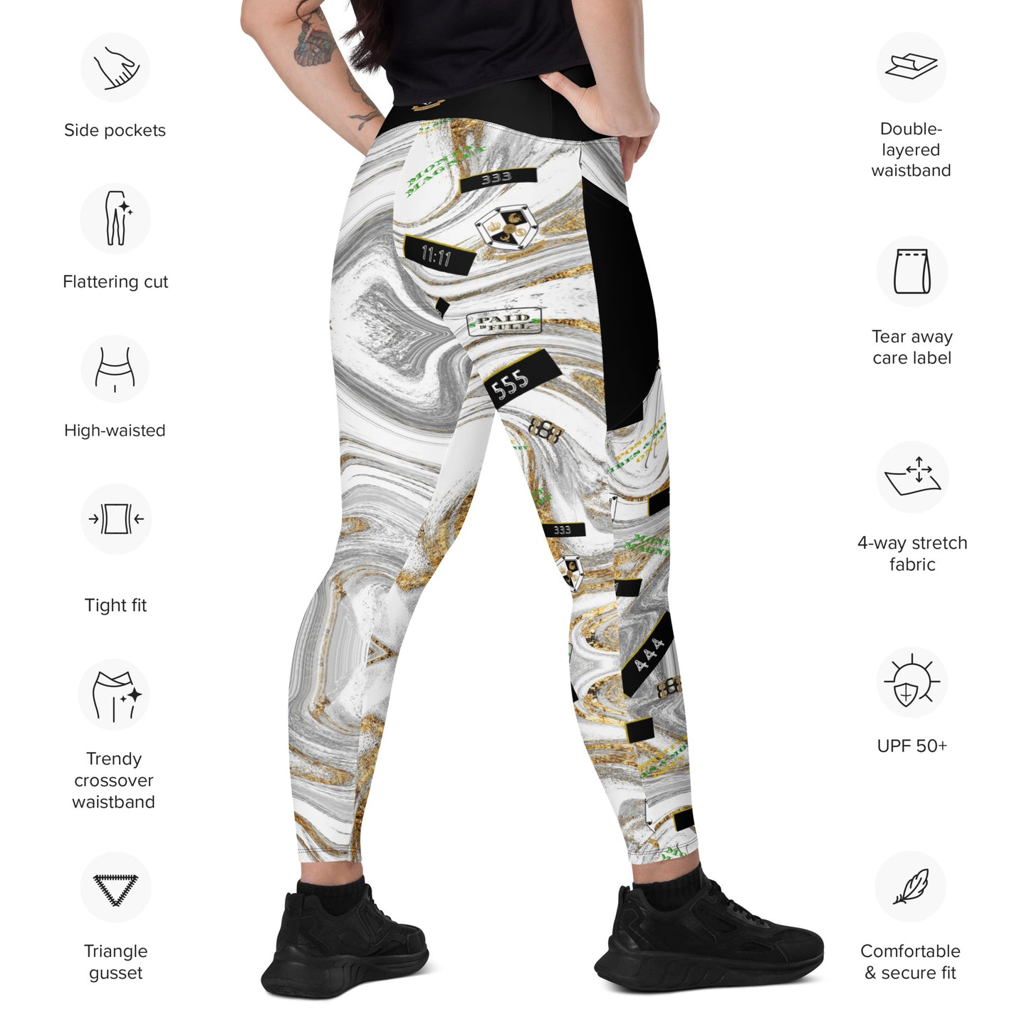 8xquiZit Collection - Women's White N Gold Marble Manifestation Crossover leggings with pockets