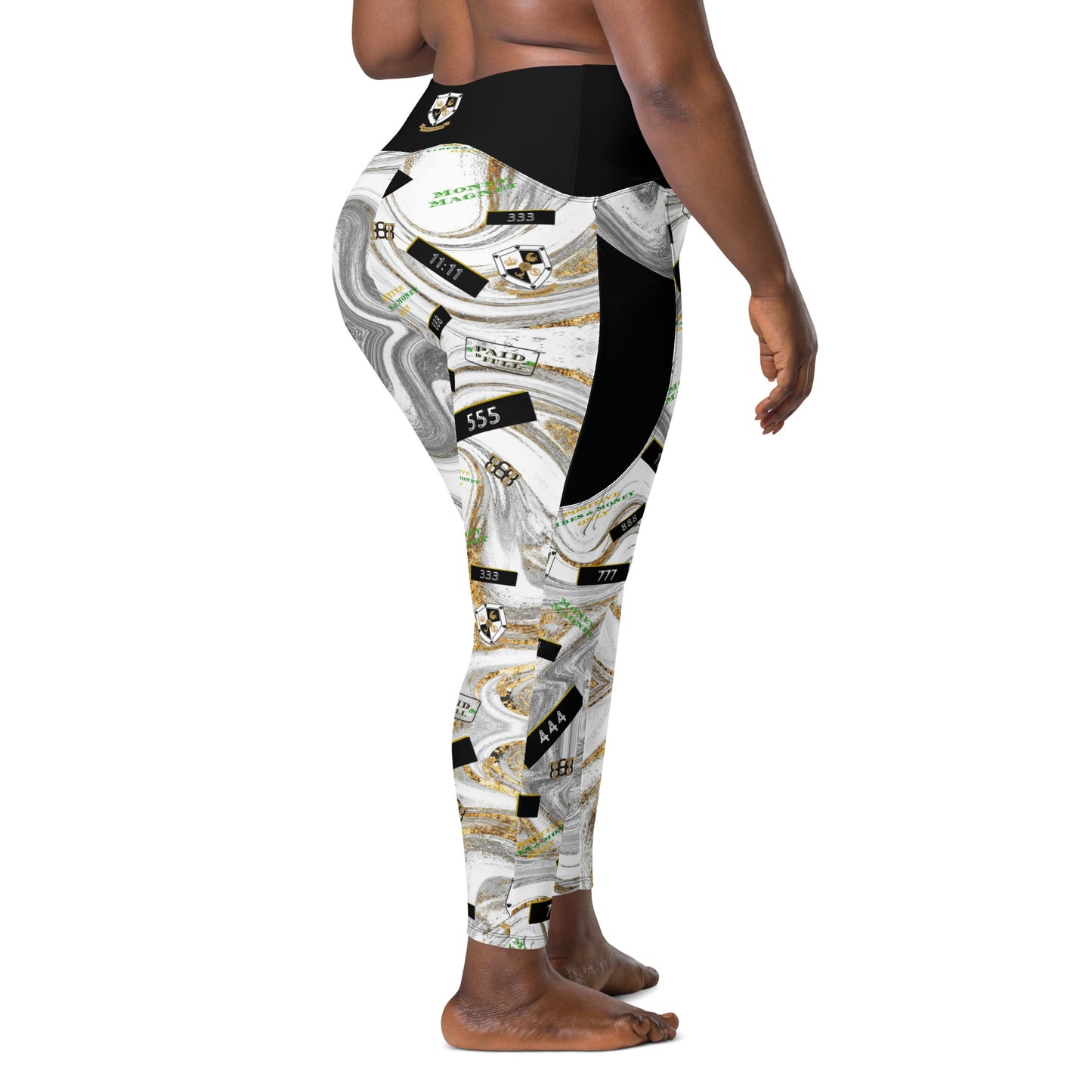 8xquiZit Collection - Women's White N Gold Marble Manifestation Crossover leggings with pockets