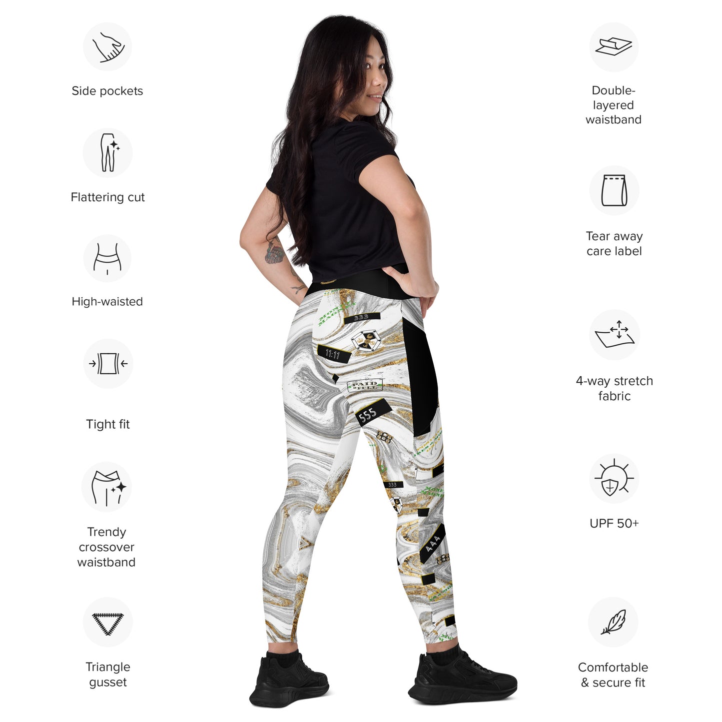 8xquiZit Collection - Women's White N Gold Marble Manifestation Crossover leggings with pockets