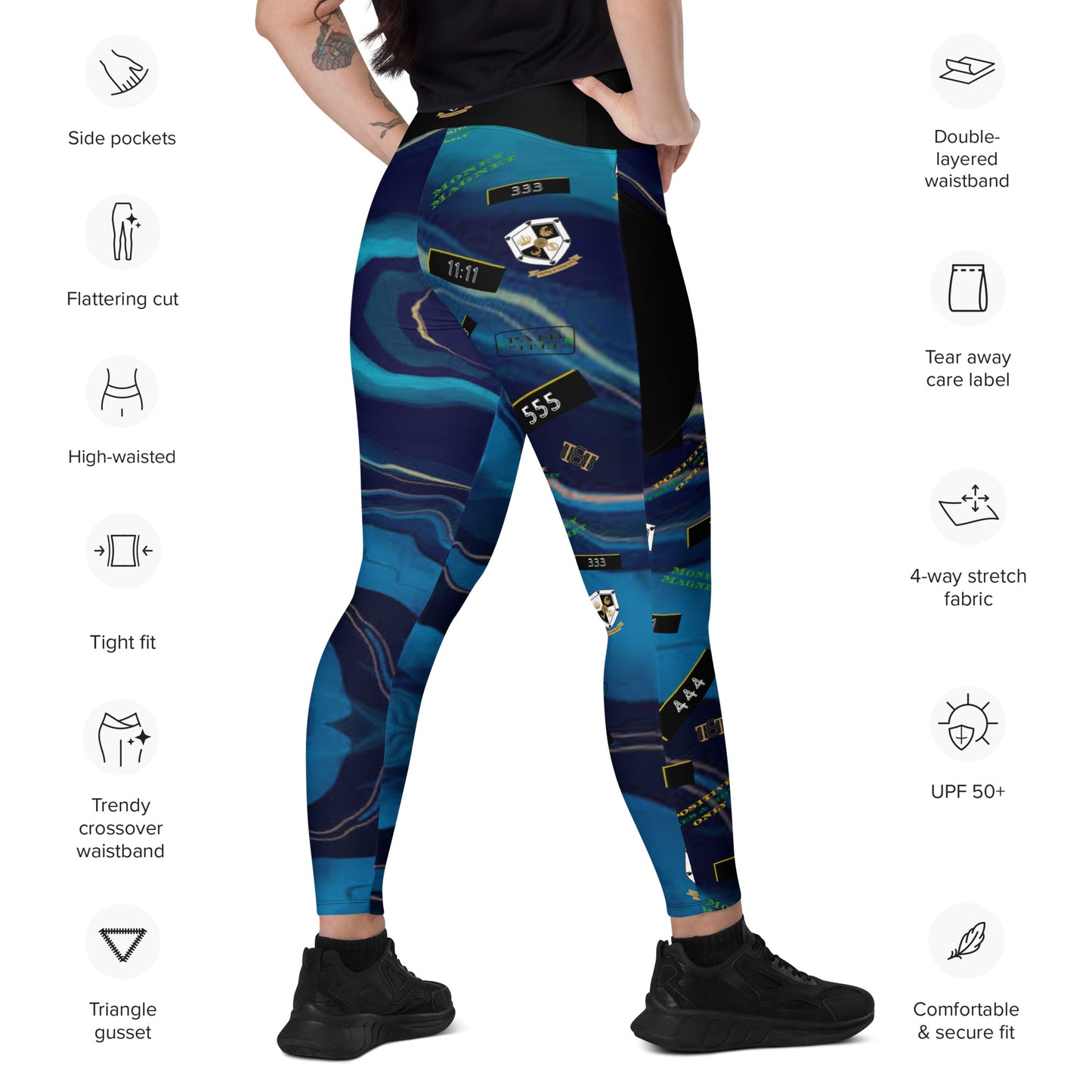 8xquiZit Collection - Women's Manifestation Ocean Viewz Blue Marble Crossover leggings with Pockets