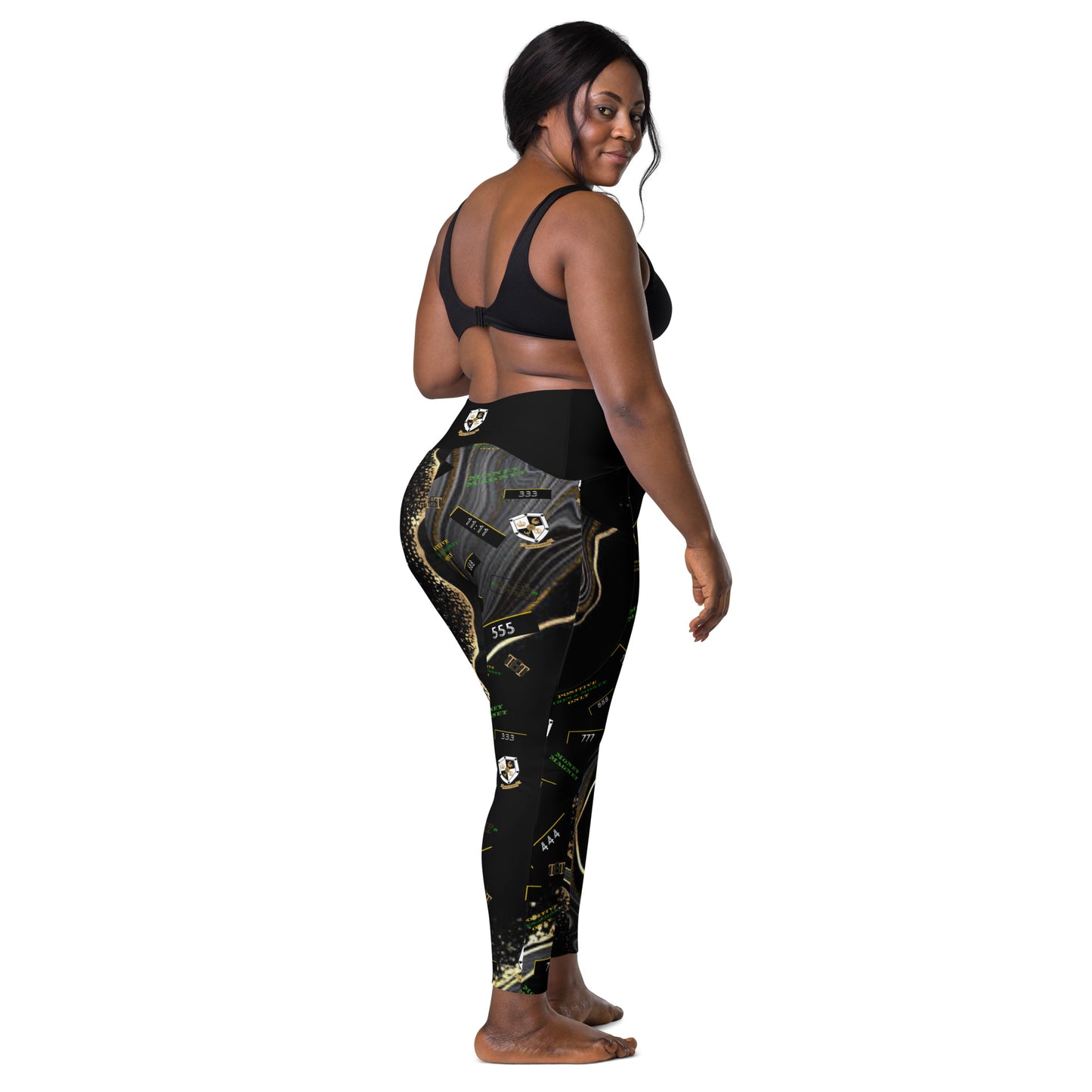 8xquiZit Collection - Women's Manifestation Deep Black N Gold Crossover leggings with pockets
