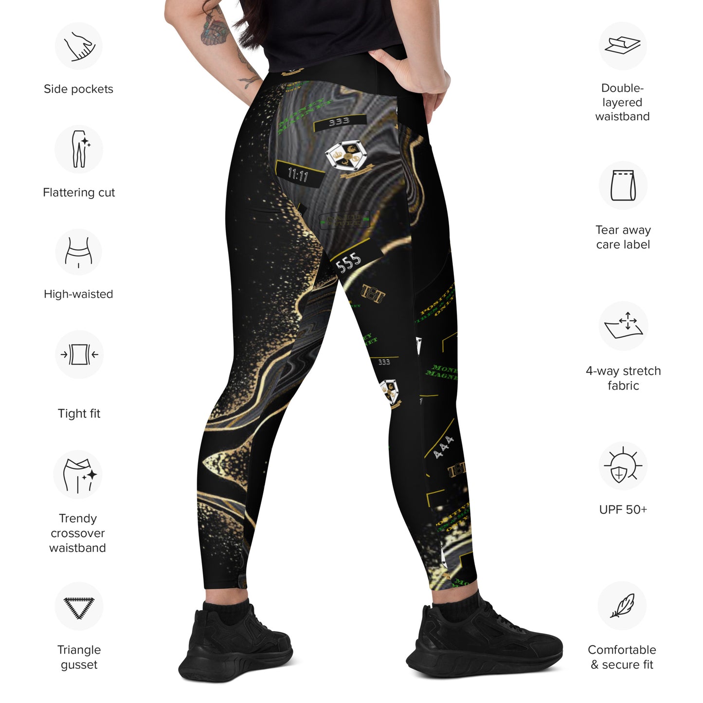 8xquiZit Collection - Women's Manifestation Deep Black N Gold Crossover leggings with pockets