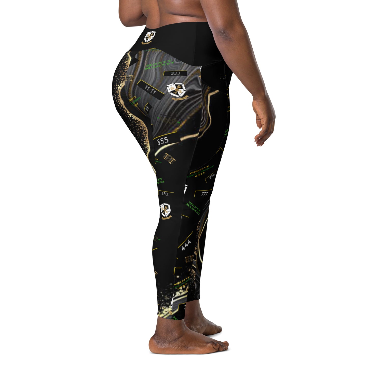 8xquiZit Collection - Women's Manifestation Deep Black N Gold Crossover leggings with pockets