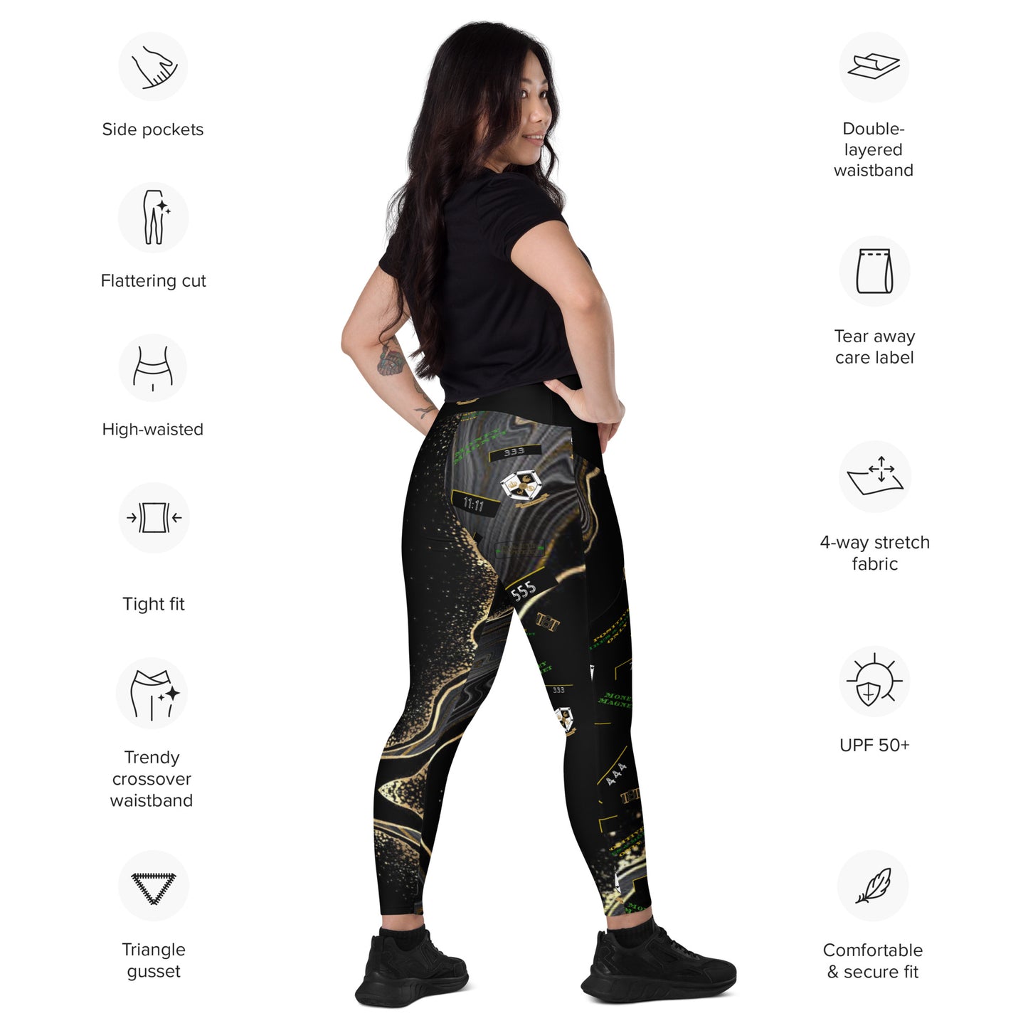 8xquiZit Collection - Women's Manifestation Deep Black N Gold Crossover leggings with pockets