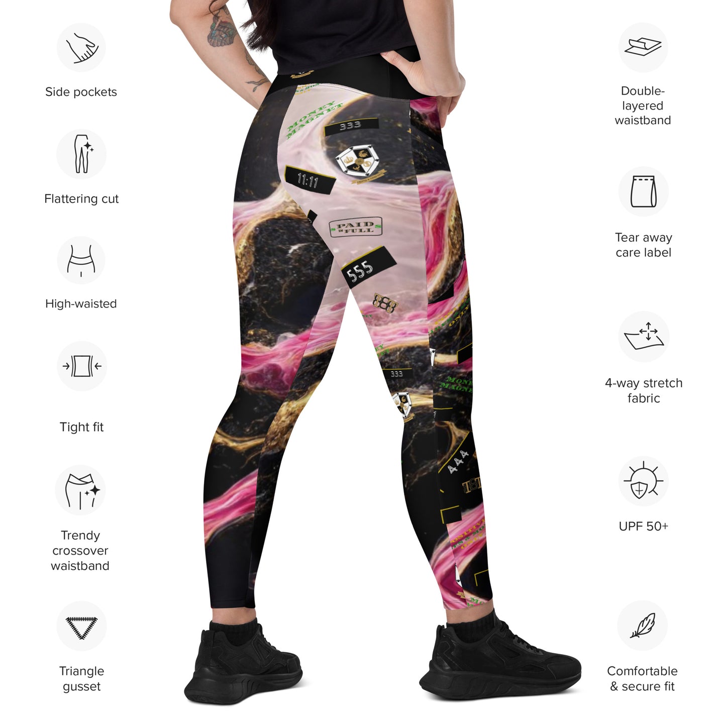 8xquiZit Collection - Women's Manifestation Pynk, Black, N Gold Marble Crossover leggings with pockets