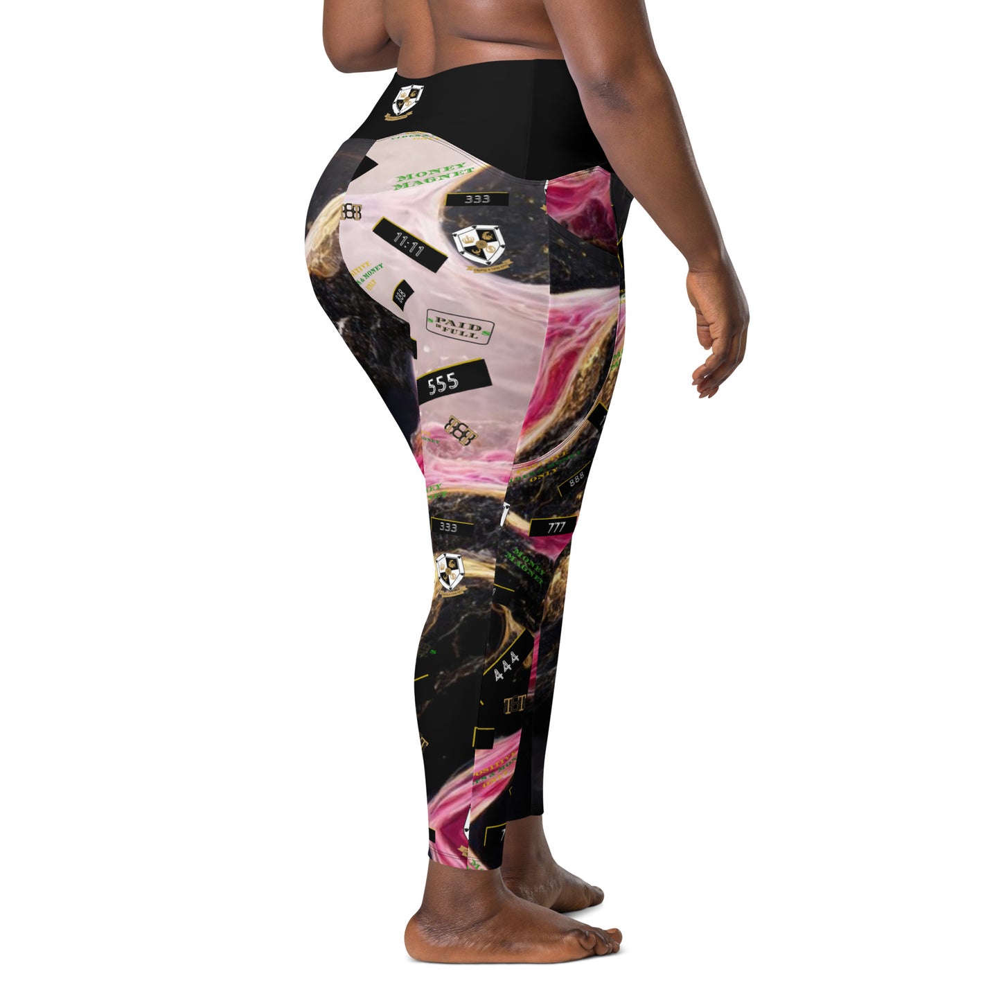 8xquiZit Collection - Women's Manifestation Pynk, Black, N Gold Marble Crossover leggings with pockets