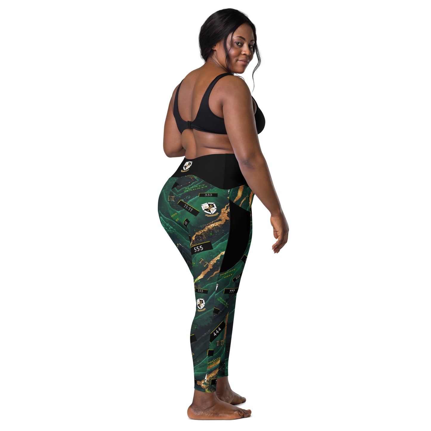 8xquiZit Collection - Women's Manifestation Emerald Green N Gold Marble Crossover Leggings with Pockets