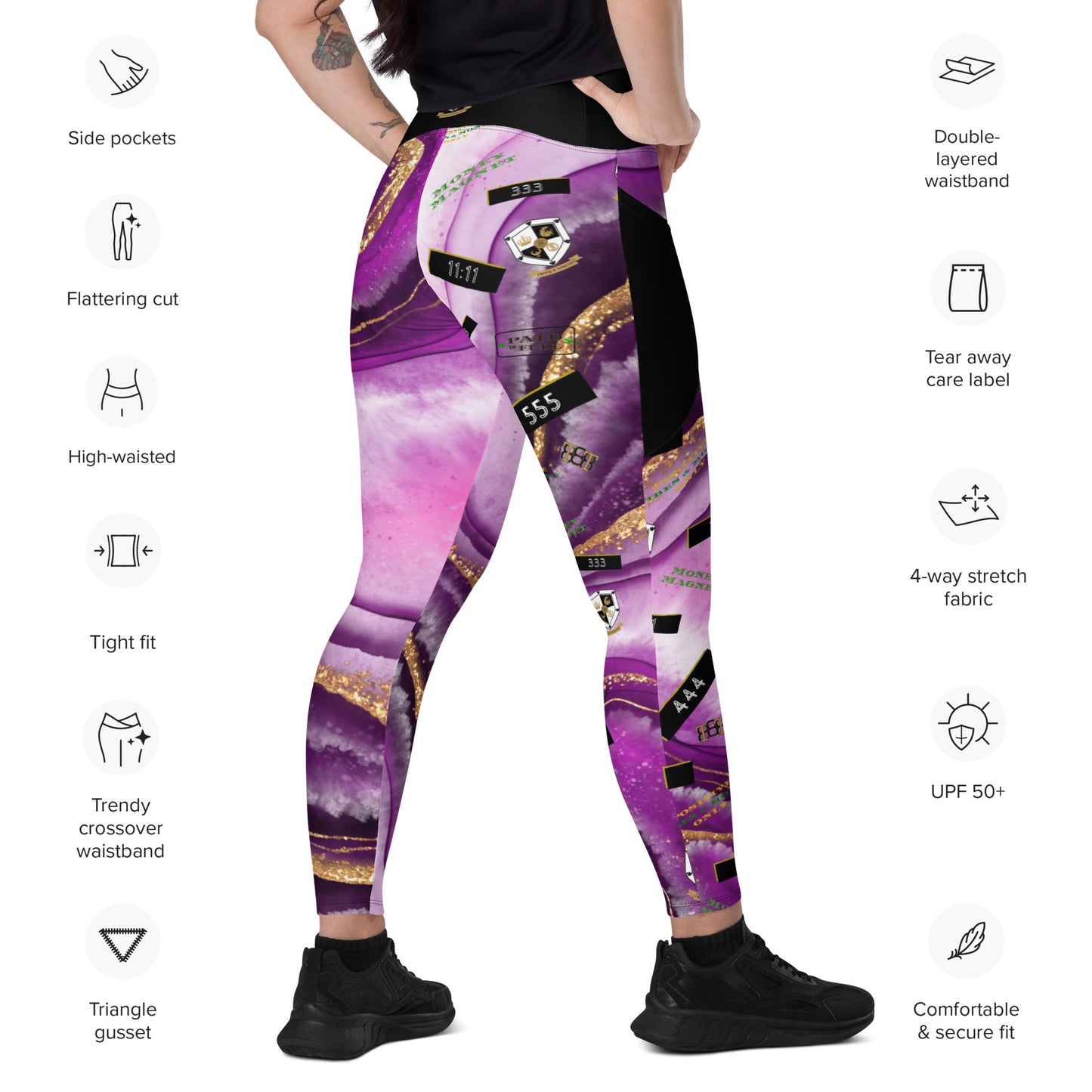8xquiZit Collection - Women's Manifestation Royal Purple N Gold Marble Crossover Leggings with Pockets