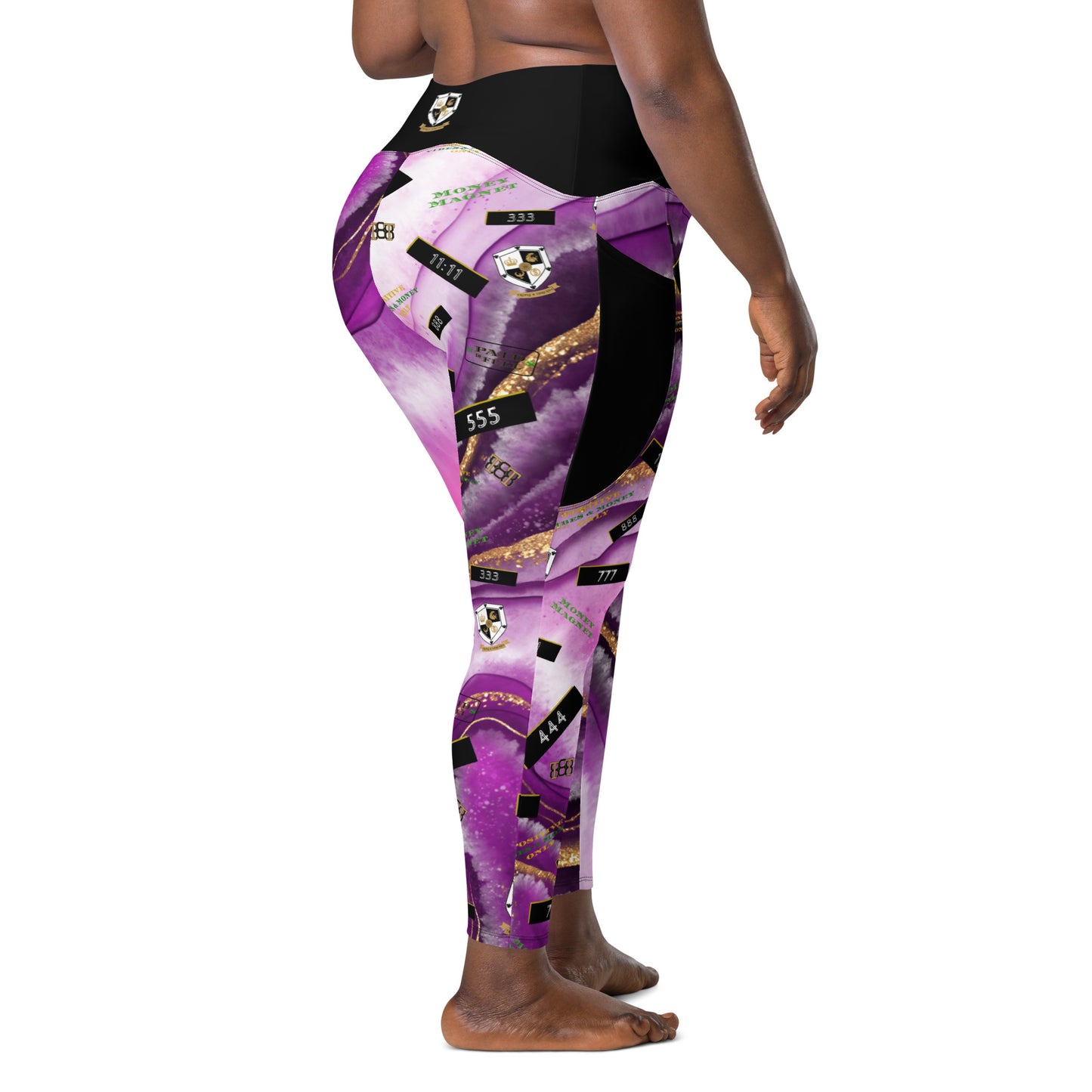 8xquiZit Collection - Women's Manifestation Royal Purple N Gold Marble Crossover Leggings with Pockets