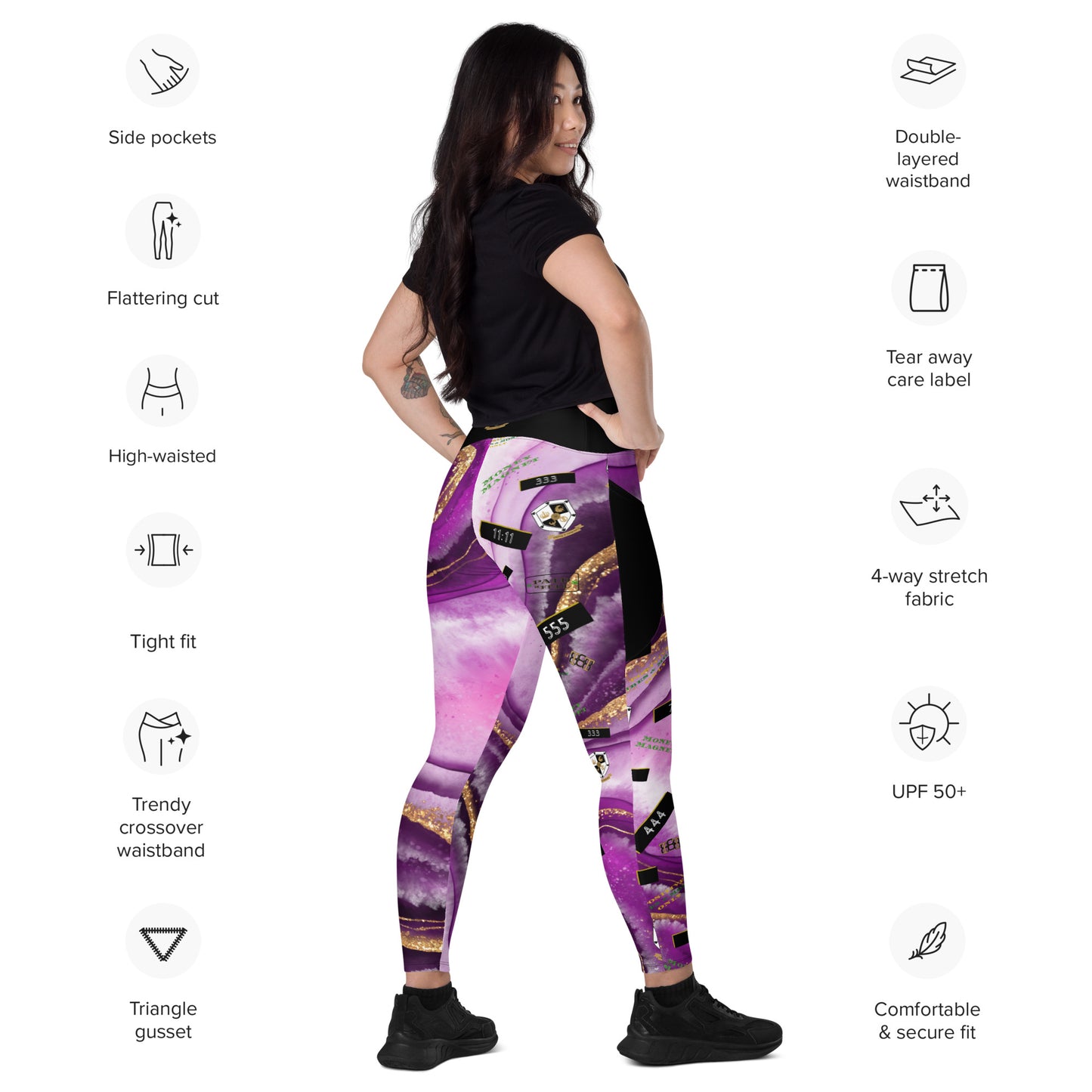 8xquiZit Collection - Women's Manifestation Royal Purple N Gold Marble Crossover Leggings with Pockets