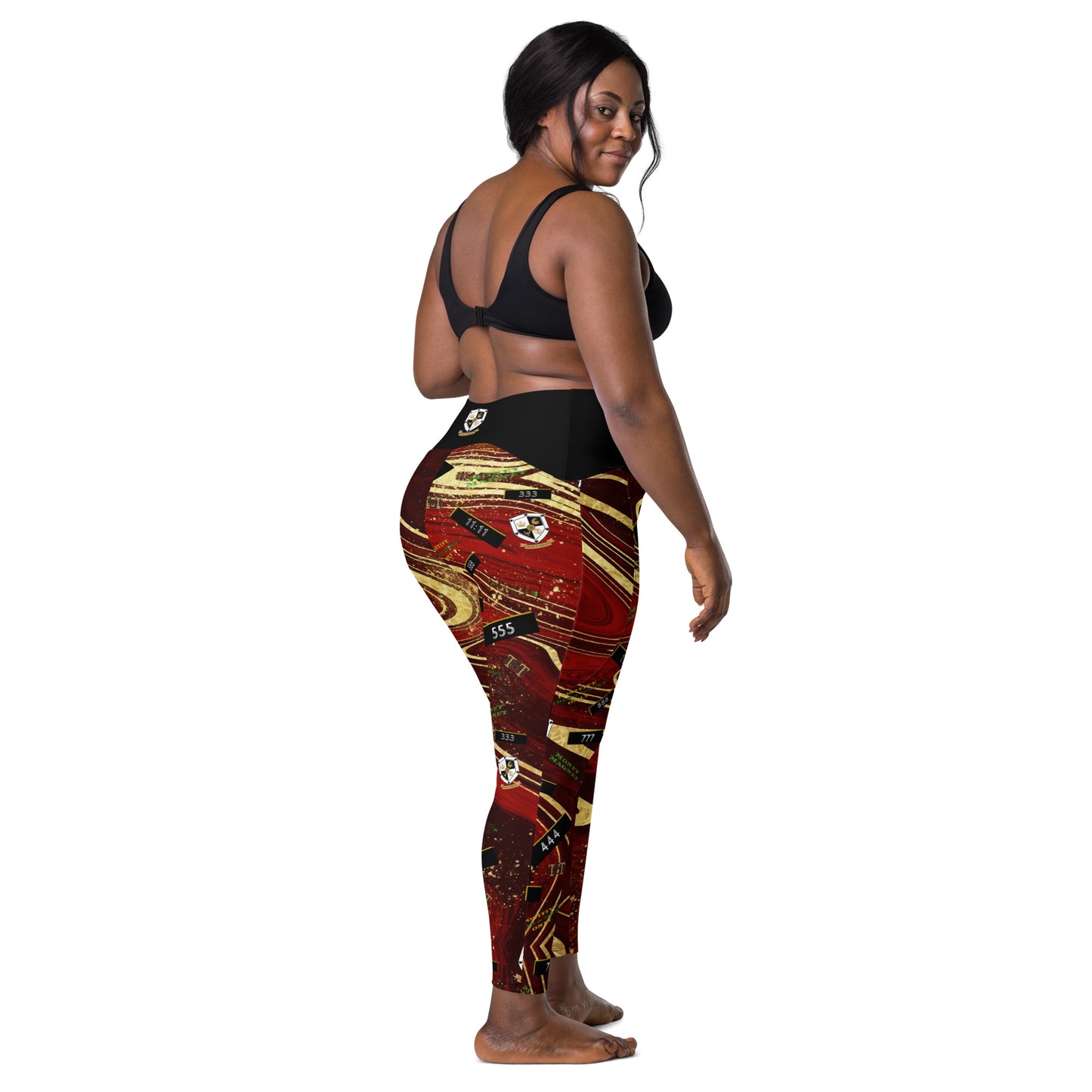 8xquiZit Collection - Women's Manifestation Ruby Red N Gold Marble Crossover Leggings with Pockets