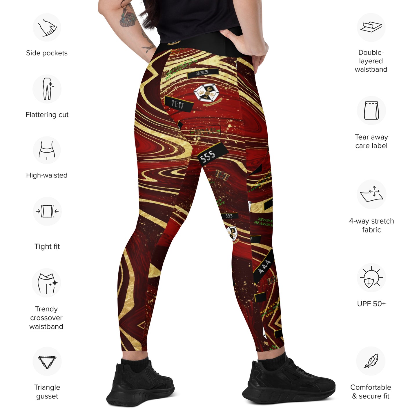 8xquiZit Collection - Women's Manifestation Ruby Red N Gold Marble Crossover Leggings with Pockets
