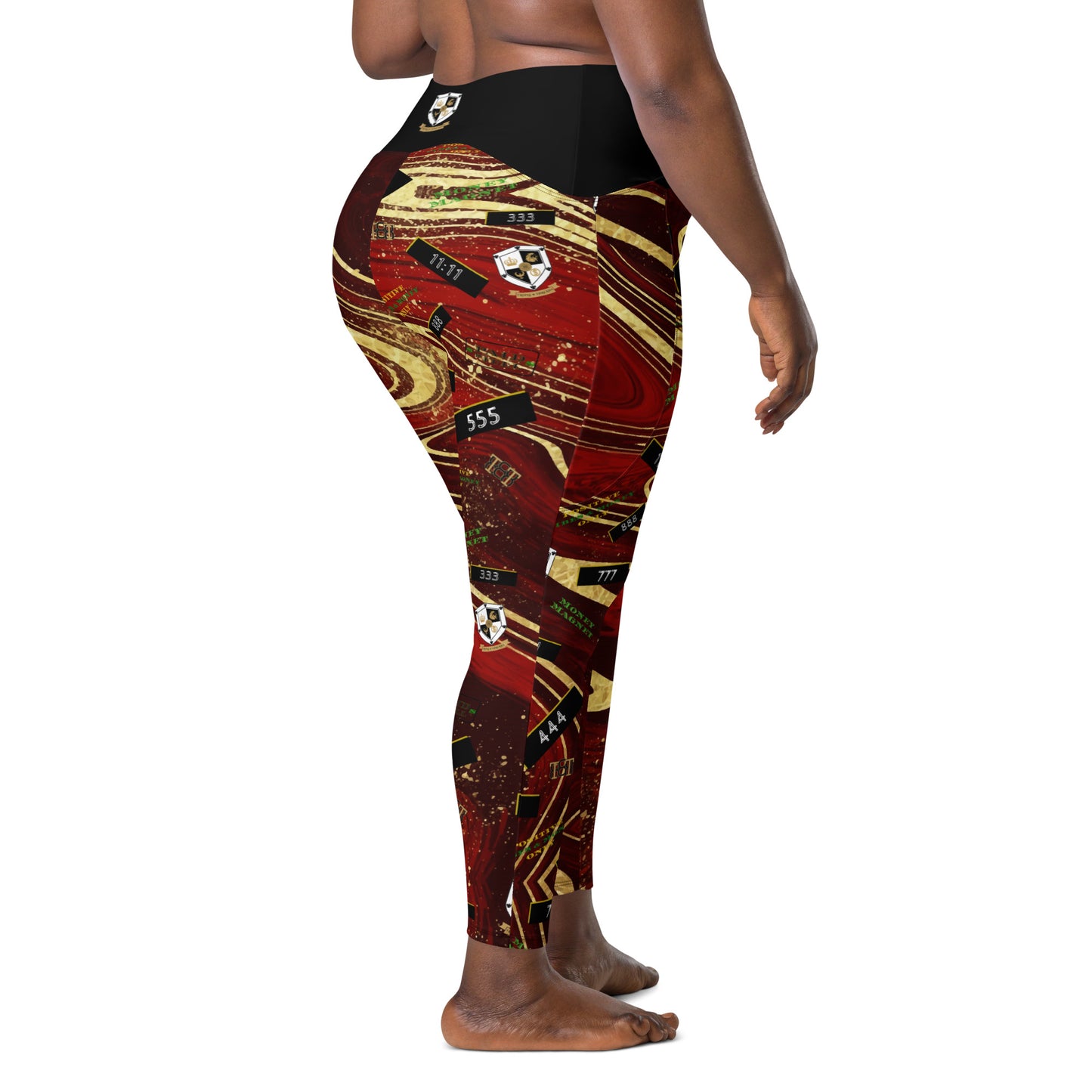 8xquiZit Collection - Women's Manifestation Ruby Red N Gold Marble Crossover Leggings with Pockets