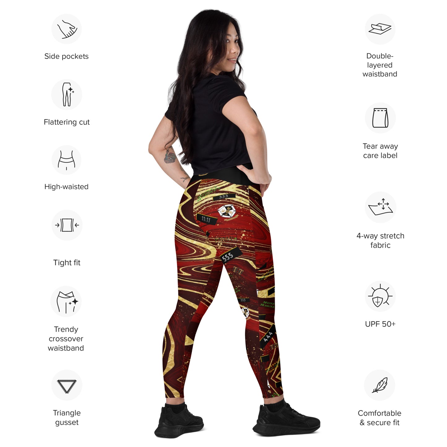 8xquiZit Collection - Women's Manifestation Ruby Red N Gold Marble Crossover Leggings with Pockets