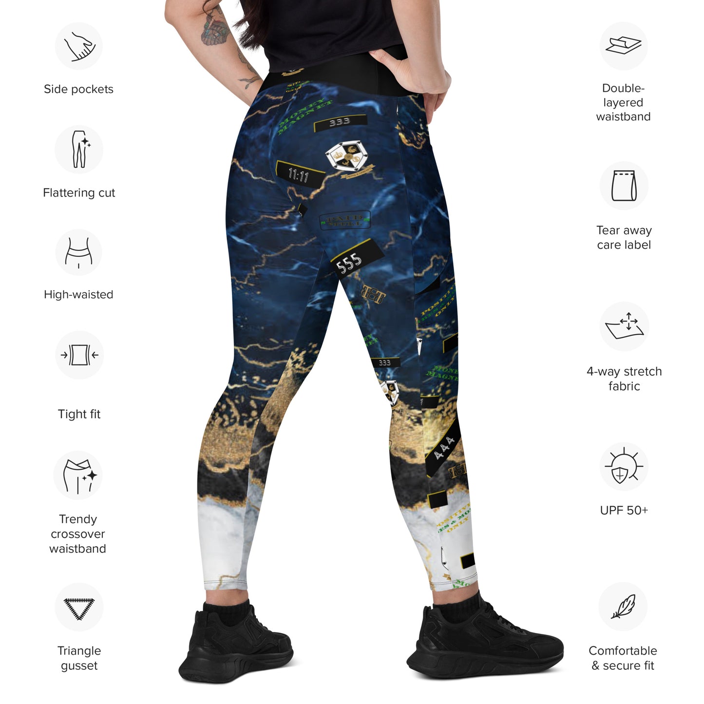 8xquiZit Collection - Women's Manifestation Tri-color Blue, Gold, & White Marble Crossover Leggings with Pockets
