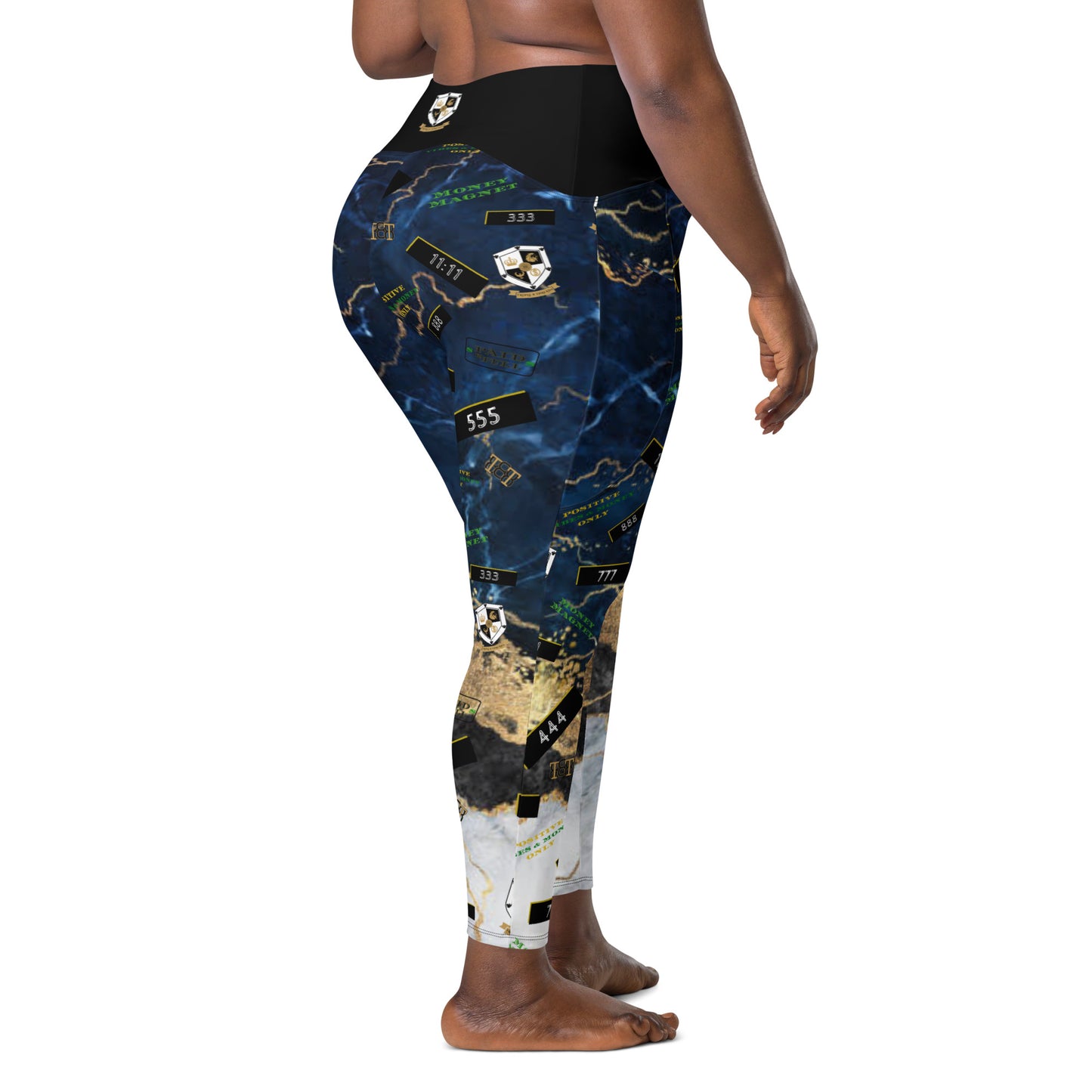 8xquiZit Collection - Women's Manifestation Tri-color Blue, Gold, & White Marble Crossover Leggings with Pockets