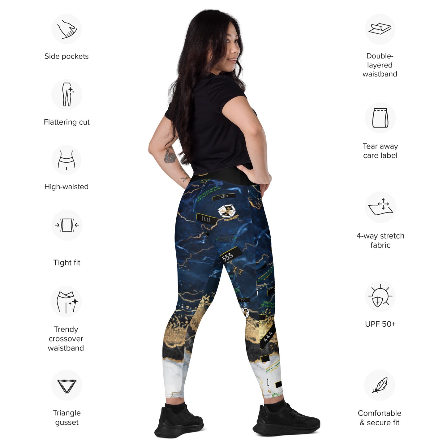 8xquiZit Collection - Women's Manifestation Tri-color Blue, Gold, & White Marble Crossover Leggings with Pockets