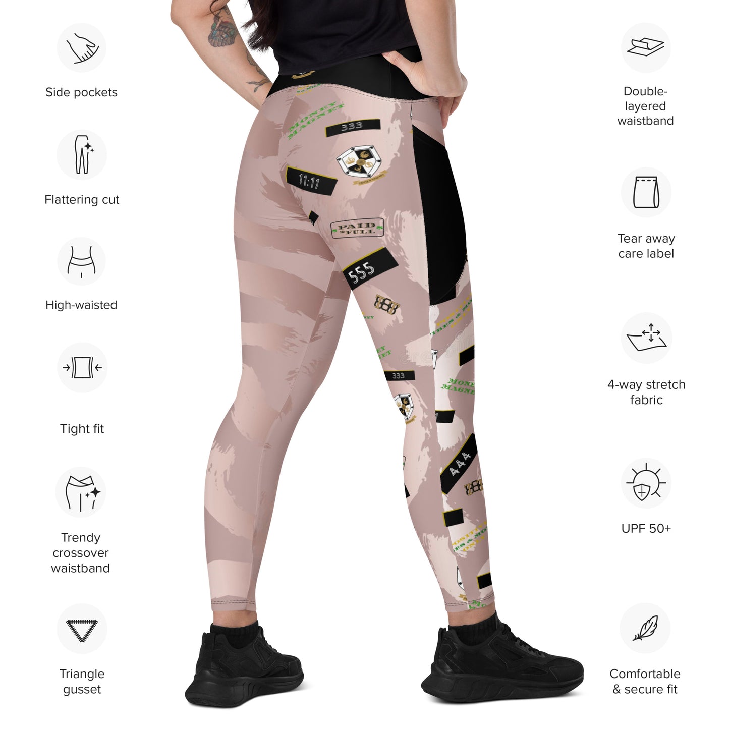 8xquiZit Collection - Women's Manifestation Pynk Slaymingo Marble Crossover Leggings with Pockets
