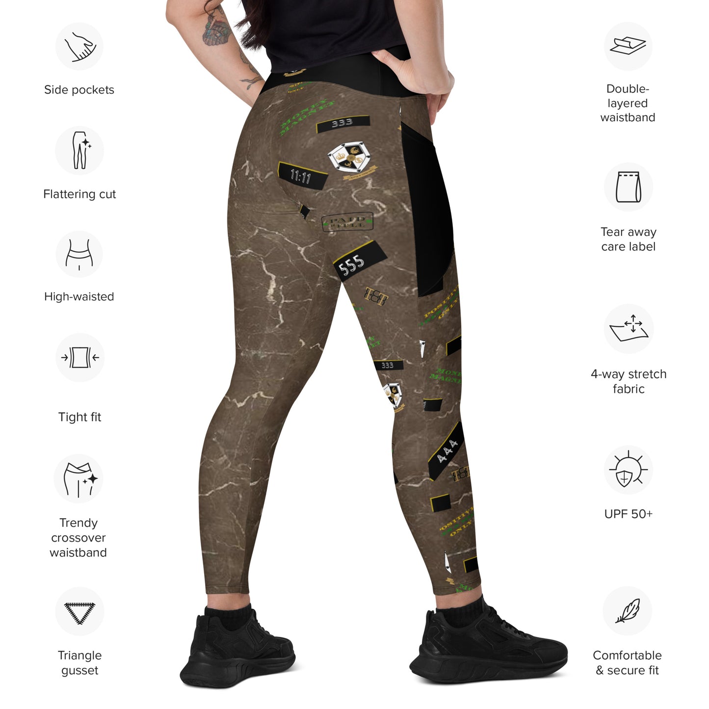 8xquiZit Collection - Women's Manifestation Coco-cured Marble Crossover Leggings with Pockets