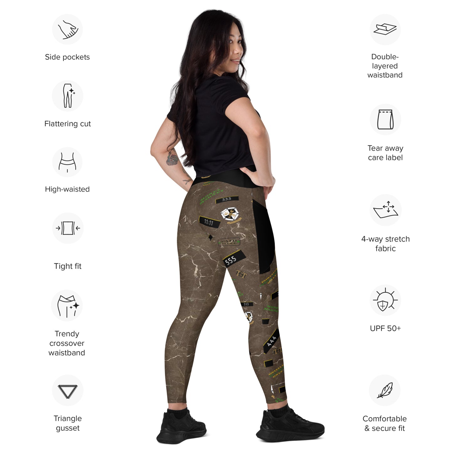 8xquiZit Collection - Women's Manifestation Coco-cured Marble Crossover Leggings with Pockets
