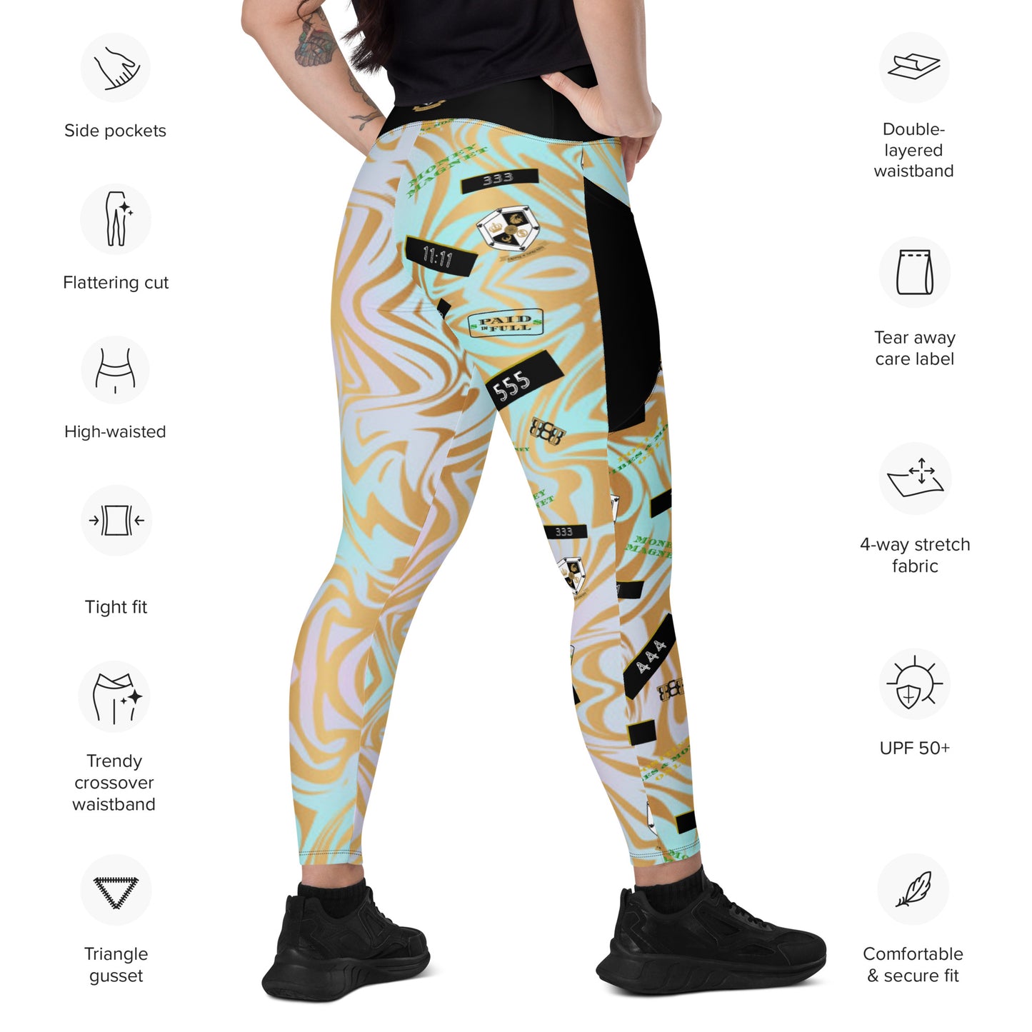 8xquiZit Collection - Women's Manifestation Pynk N Turq Jungle Luv Crossover Leggings with Pockets