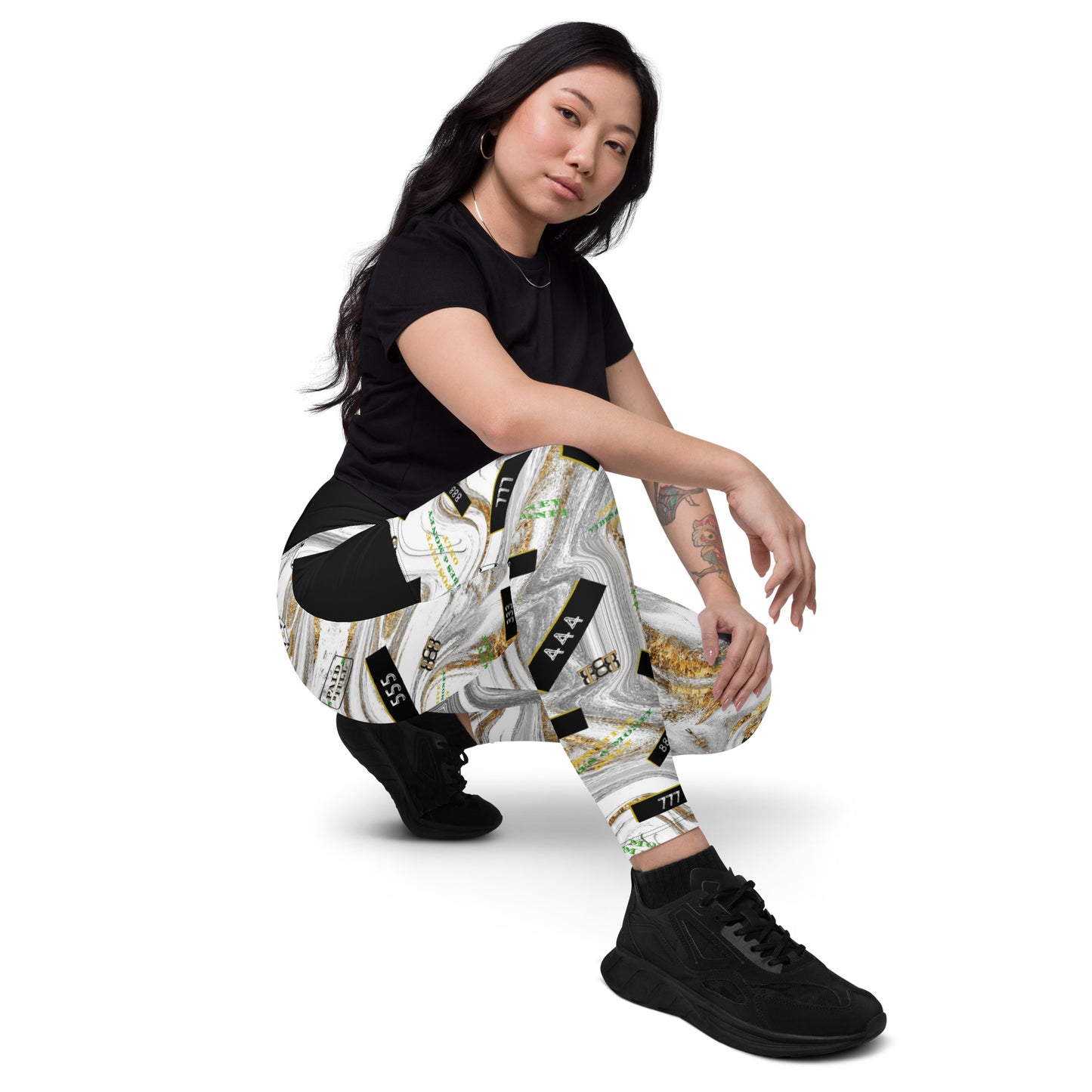 8xquiZit Collection - Women's White N Gold Marble Manifestation Crossover leggings with pockets