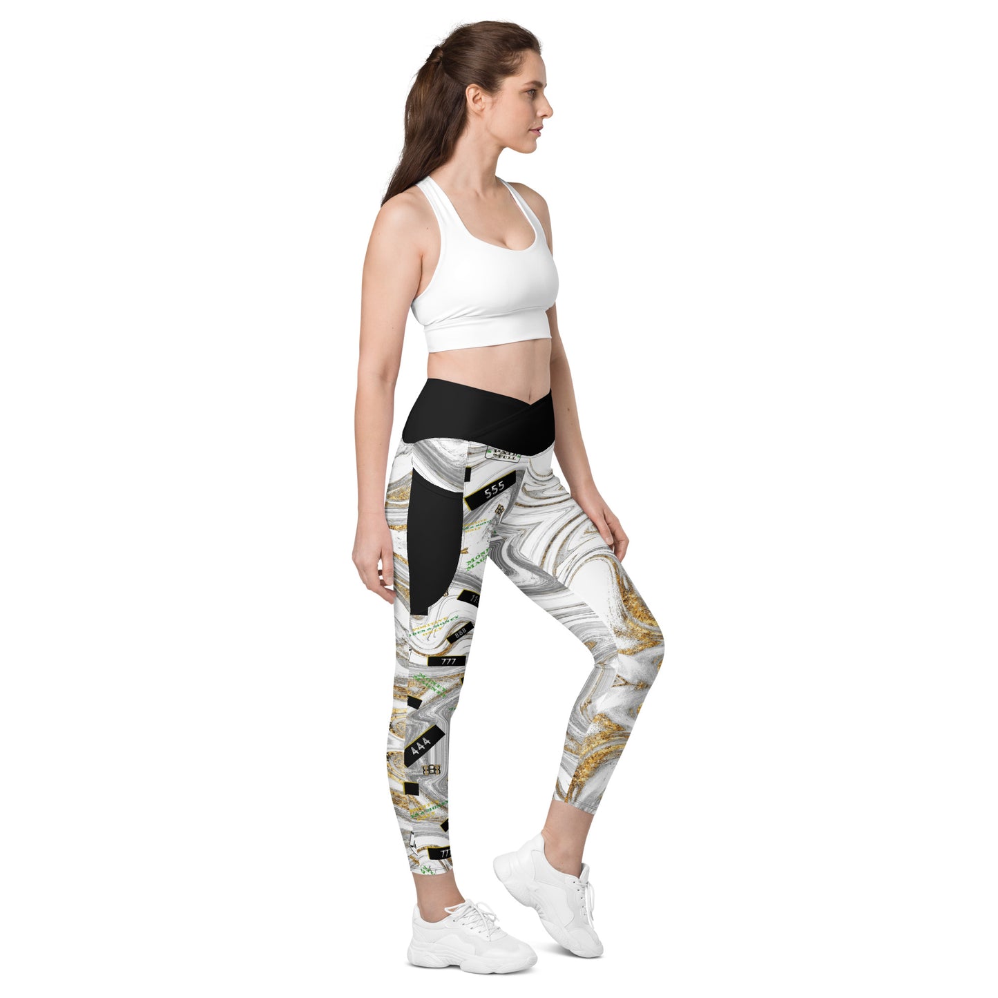 8xquiZit Collection - Women's White N Gold Marble Manifestation Crossover leggings with pockets