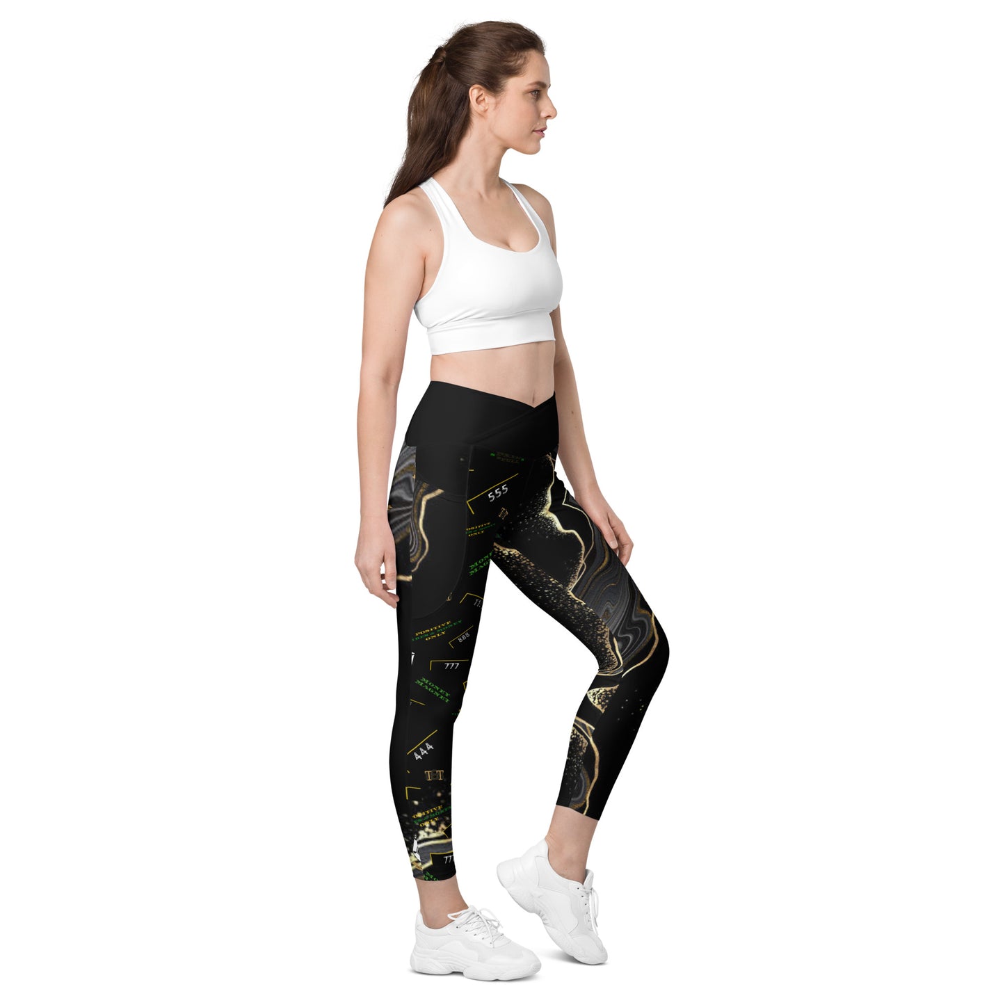 8xquiZit Collection - Women's Manifestation Deep Black N Gold Crossover leggings with pockets