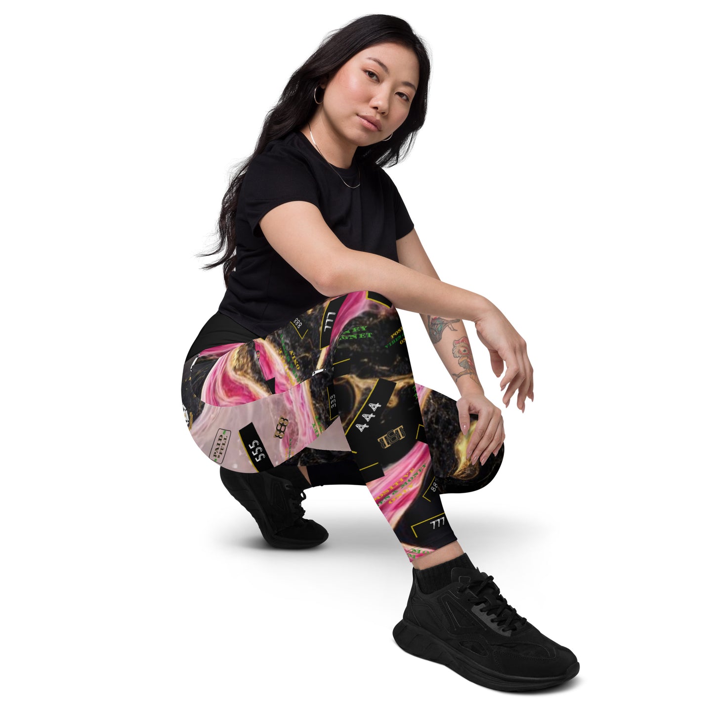 8xquiZit Collection - Women's Manifestation Pynk, Black, N Gold Marble Crossover leggings with pockets