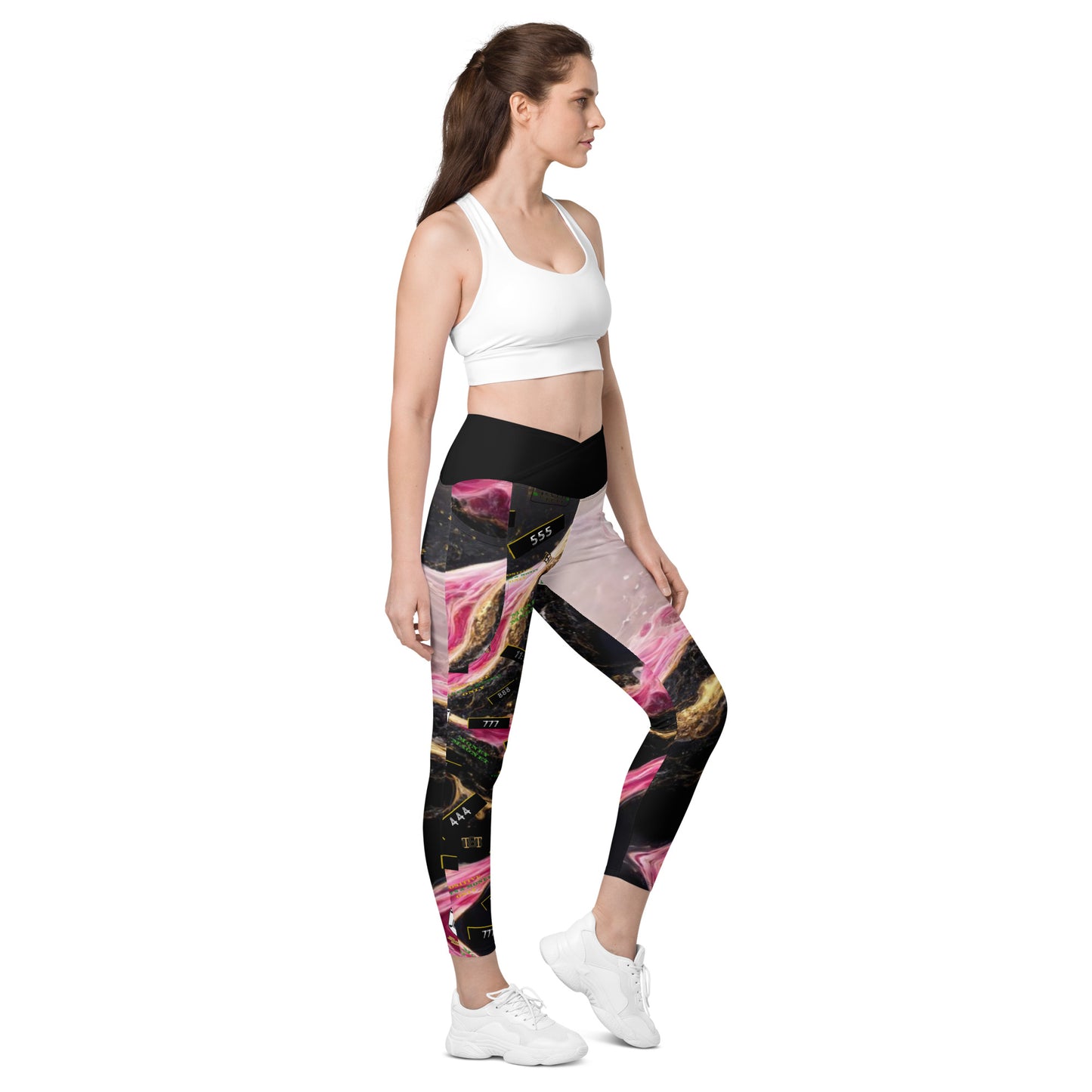 8xquiZit Collection - Women's Manifestation Pynk, Black, N Gold Marble Crossover leggings with pockets